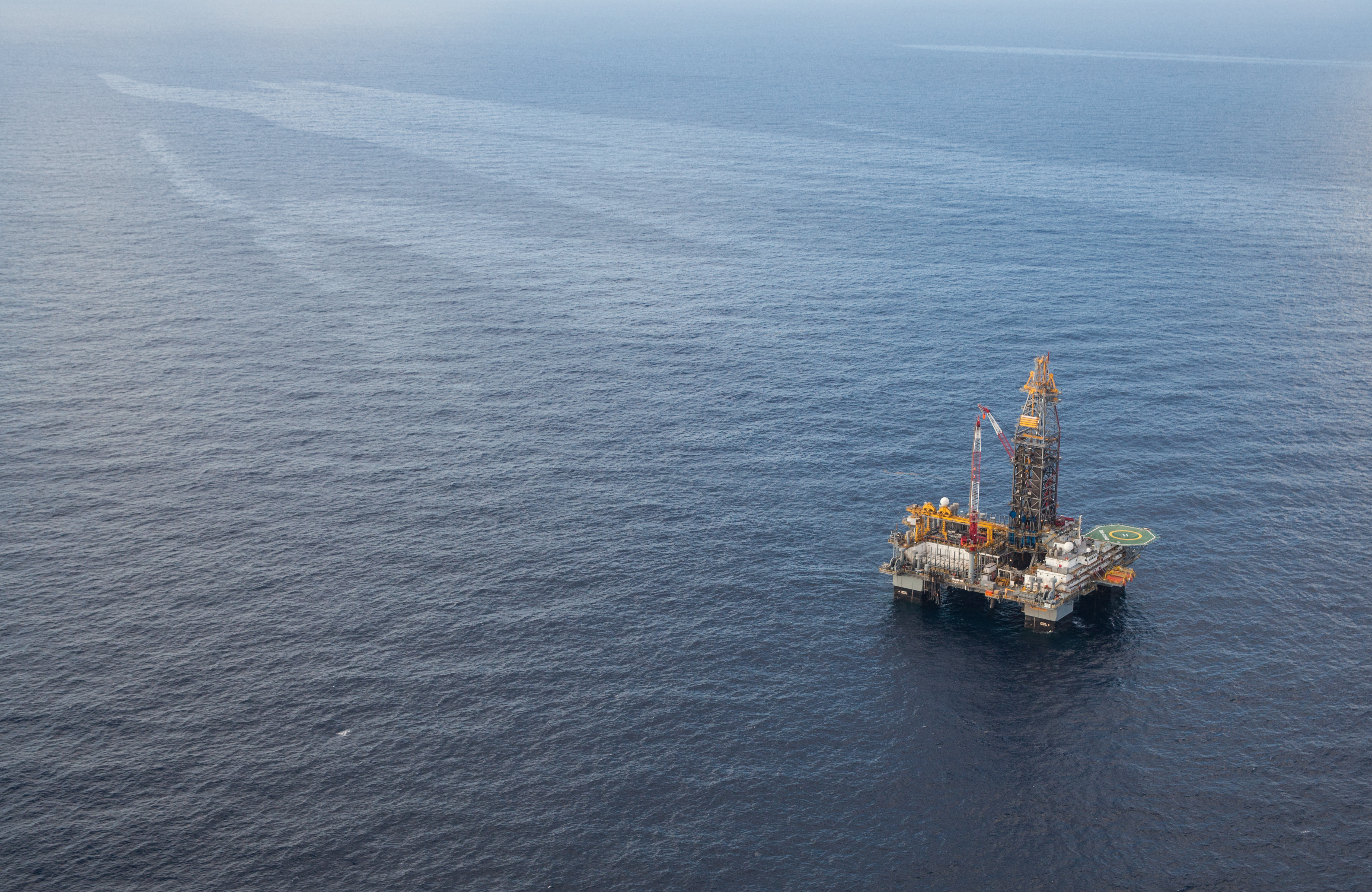 Gulf of Mexico , Louisiana, An Aerial survey of the site around the Macondo well, the source of the BP oil spill, reveals a new drilling platform near oil sheen that has been traced back to the well. CREDIT: Julie Dermansky/Corbis via Getty Images