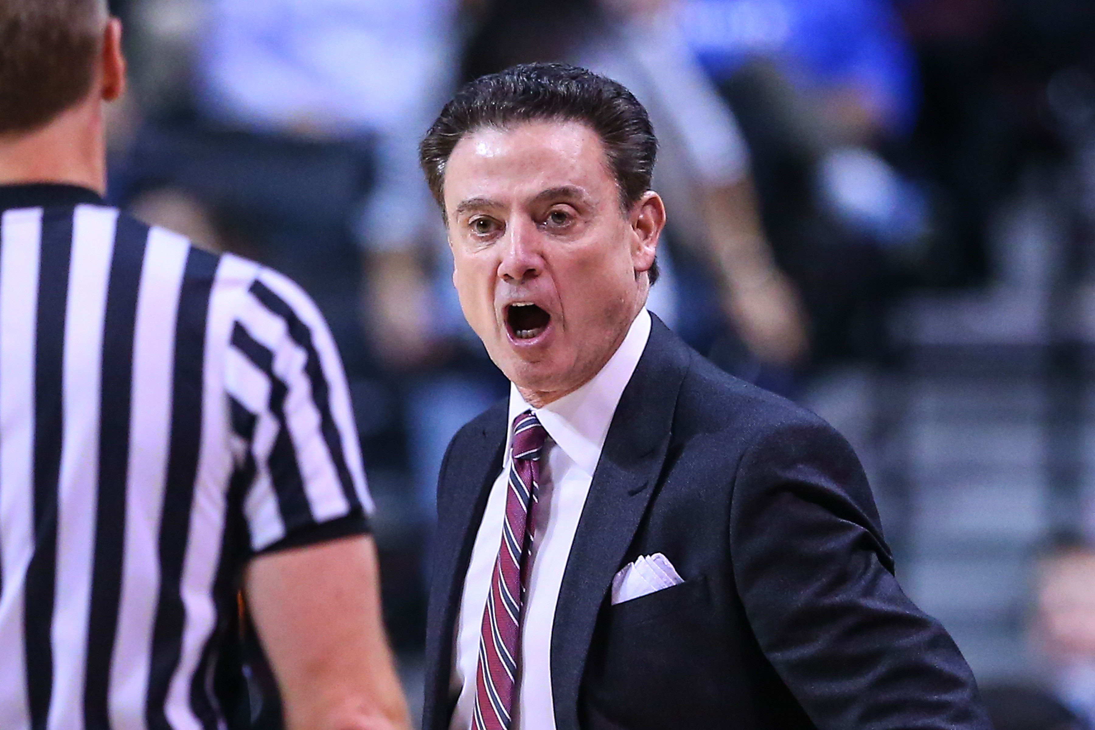 BROOKLYN, NY - MARCH 09: Louisville Cardinals head coach Rick Pitino yells at an official during the first half of the 2017 New York Life ACC Tournament third round game between the Louisville Cardinals and the Duke Blue Devils on March 9, 2017, at the Barclays Center in Brooklyn,NY. (Photo by Rich Graessle/Icon Sportswire via Getty Images)