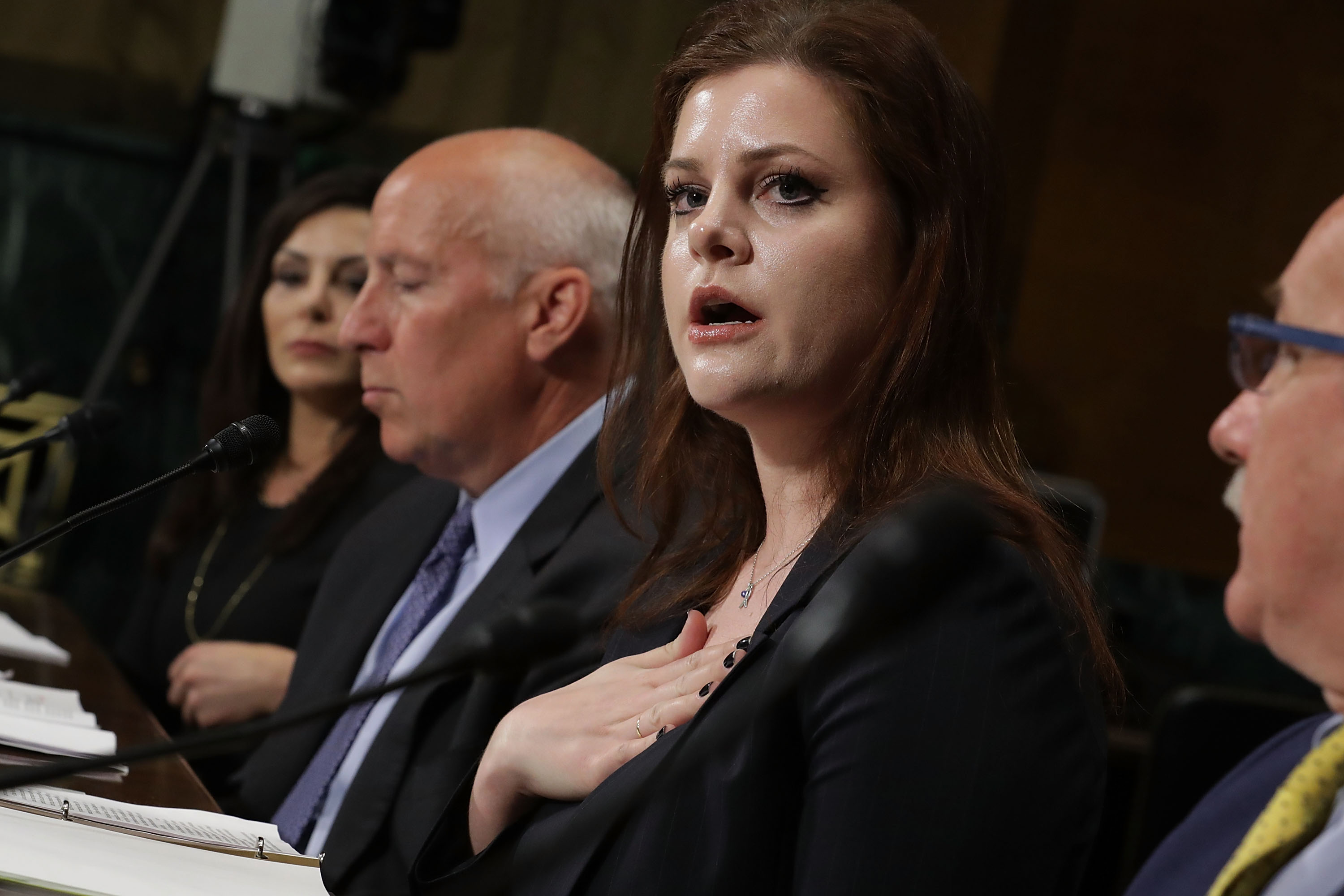 WASHINGTON, DC - MARCH 28: Jessica Howard, three-time Rhythmic Gymnastics National Champion, testifies before the Senate Judiciary Committee about her sexual abuse at the hands of a team doctor during a hearing on Capitol Hill March 28, 2017 in Washington, DC. Credit: Chip Somodevilla/Getty Images