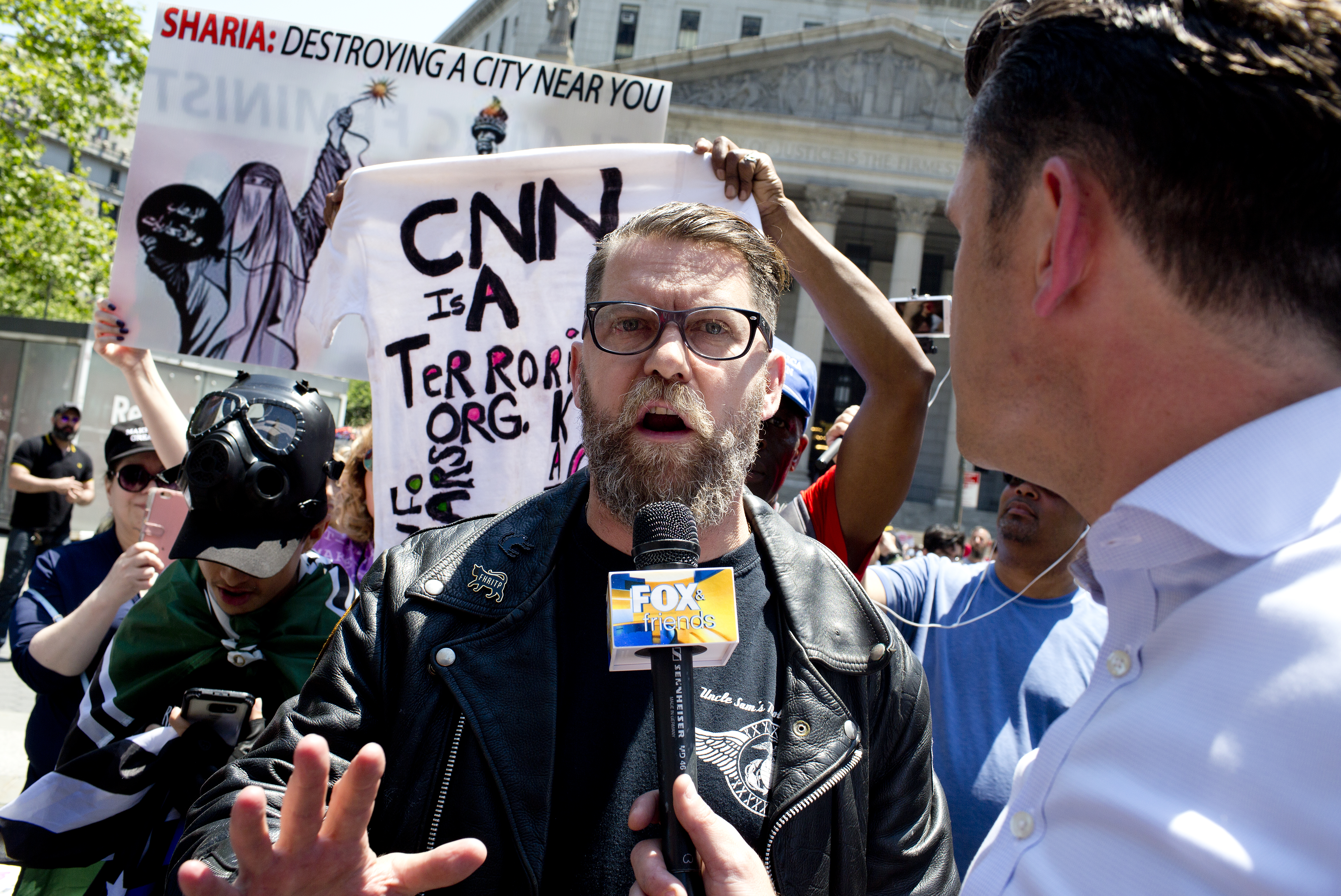 The alt-right leader and former co-founder of Vice Magazine Gavin McInnes attends an Act for America rally to protest sharia law on June 10, 2017 in Foley Square in New York City. Members of the Oath Keepers and the Proud Boys, right wing Trump supporting groups that are willing to directly confront and engage left-wing anti-Trump protesters, attended the event. (Photo Credit: Andrew Lichtenstein/ Corbis via Getty Images)