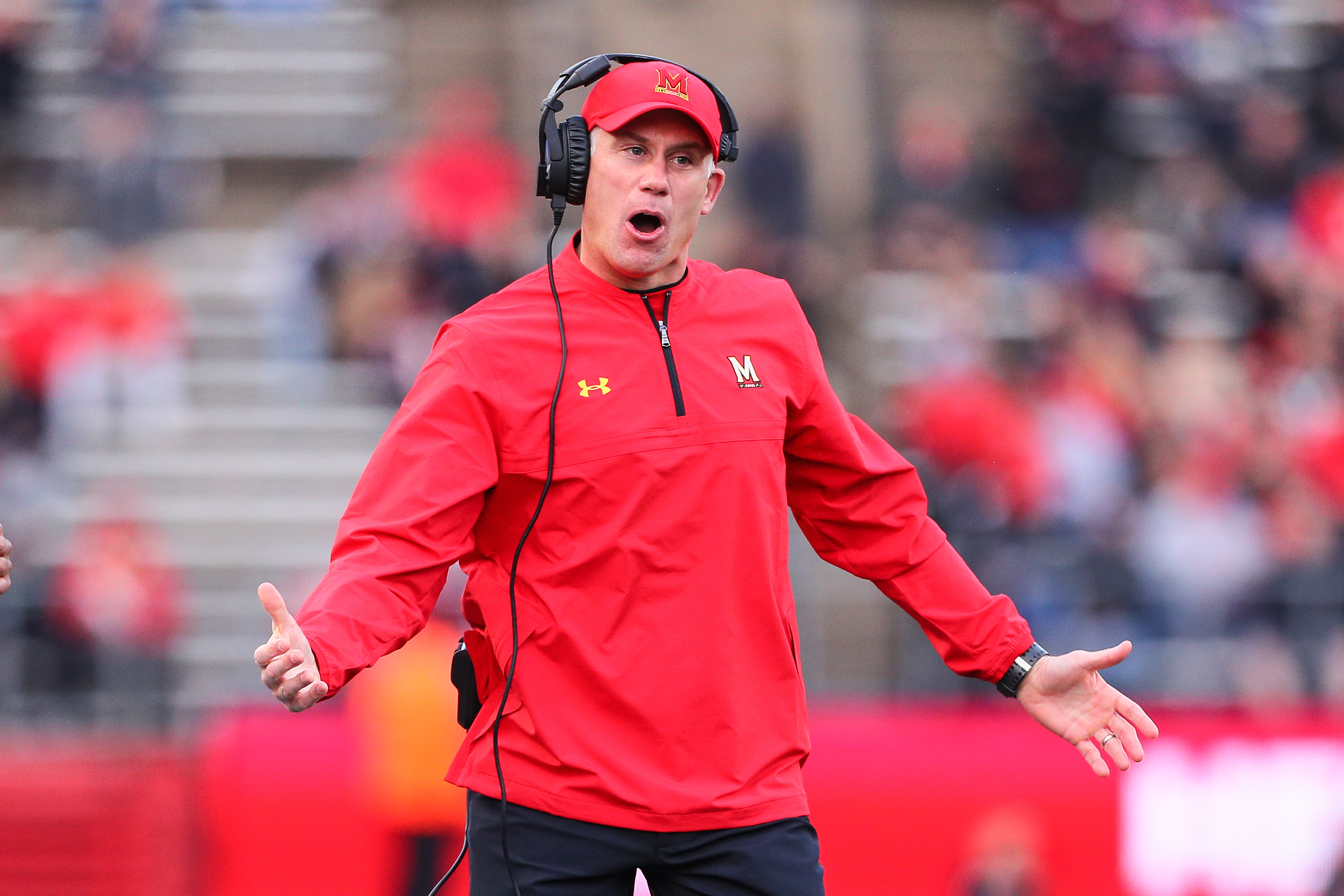 PISCATAWAY, NJ - NOVEMBER 04: Maryland Terrapins head coach DJ Durkin during the BIG10 College Football Game between the Rutgers Scarlet Knights and the Maryland Terrapins on November 4, 2017, at High Point Solutions Stadium in Piscataway, NJ. (Photo by Rich Graessle/Icon Sportswire via Getty Images)