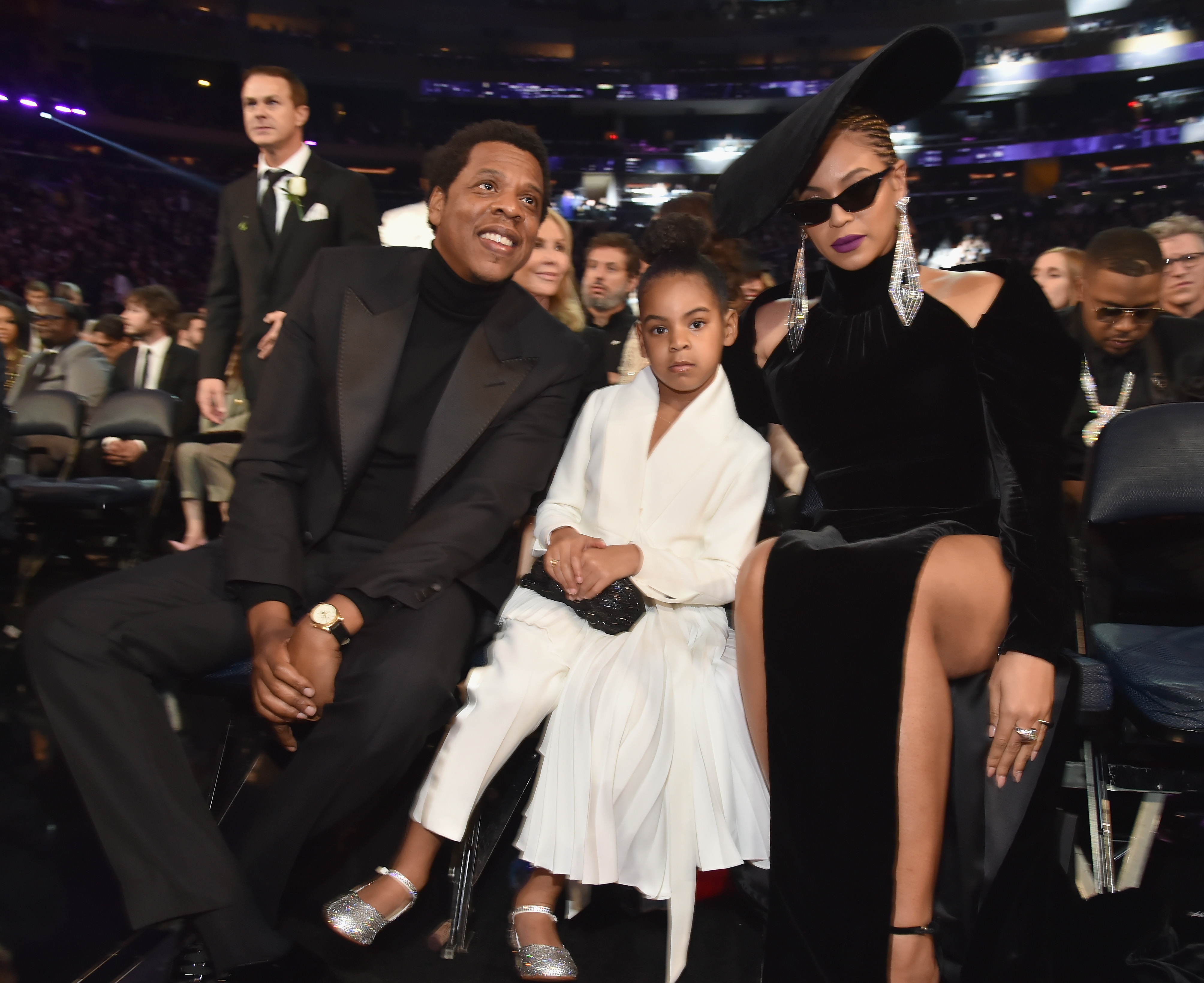 NEW YORK, NY - JANUARY 28: Recording artist Jay Z, daughter Blue Ivy Carter and recording artist Beyonce attend the 60th Annual GRAMMY Awards at Madison Square Garden on January 28, 2018 in New York City. (Photo by Kevin Mazur/Getty Images for NARAS)