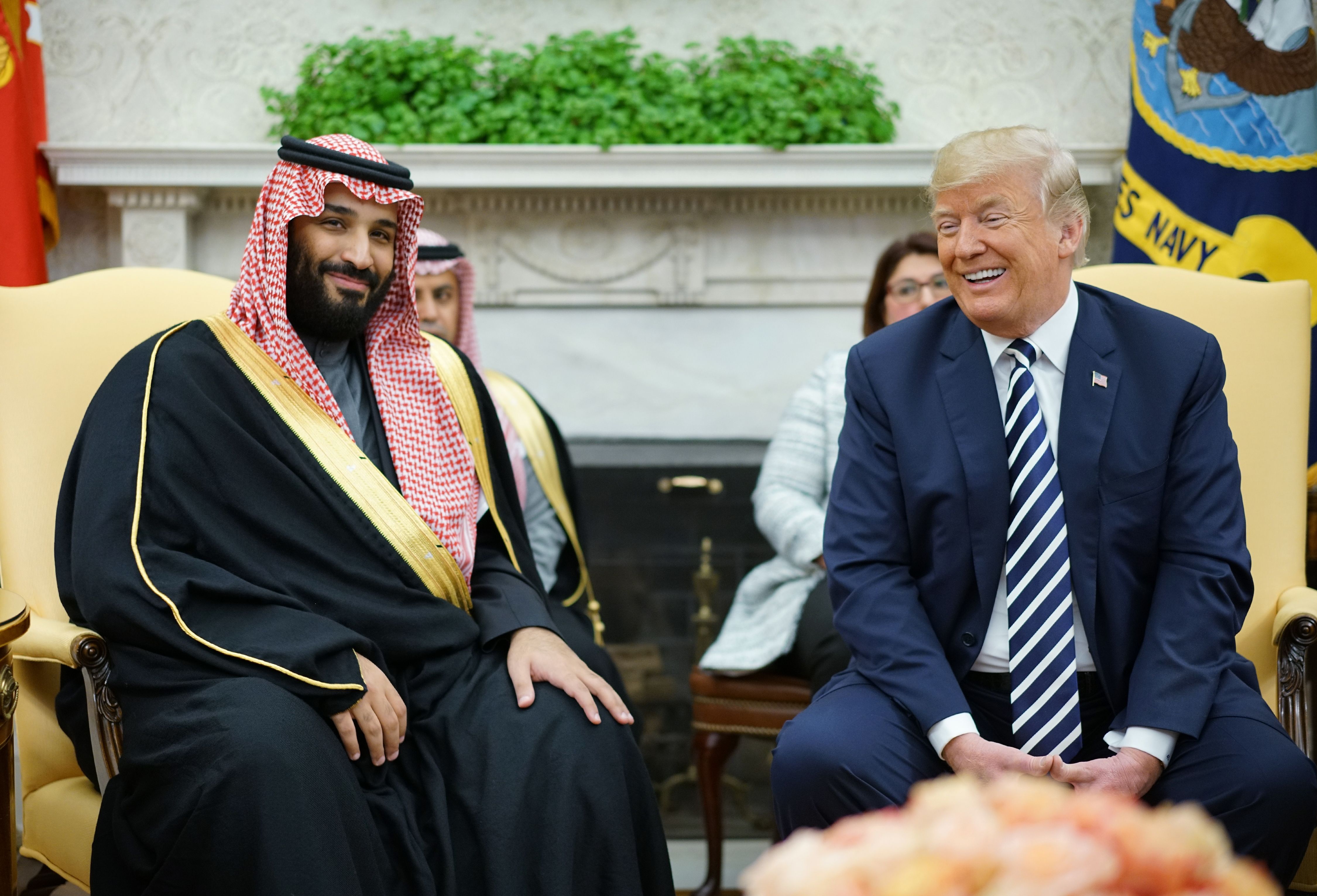 President Donald Trump (R) meets with Saudi Arabia's Crown Prince Mohammed bin Salman in the Oval Office on March 20, 2018. CREDIT: MANDEL NGAN/AFP/Getty Images