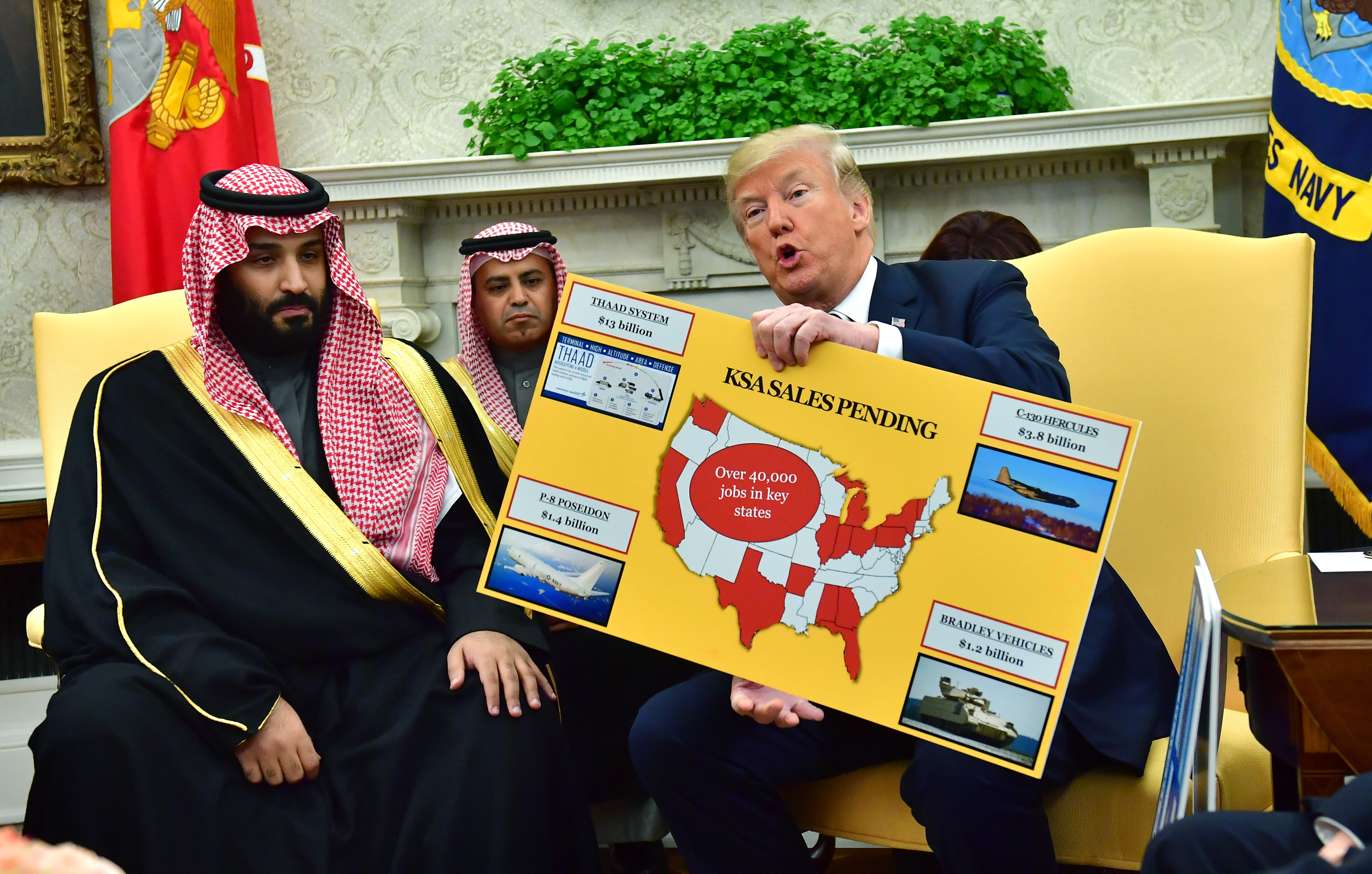 President Donald Trump holds up a chart of military hardware sales as he meets with Crown Prince Mohammed bin Salman of the Kingdom of Saudi Arabia in the Oval Office at the White House on March 20, 2018 in Washington, D.C.. CREDIT: Kevin Dietsch-Pool/Getty Images.