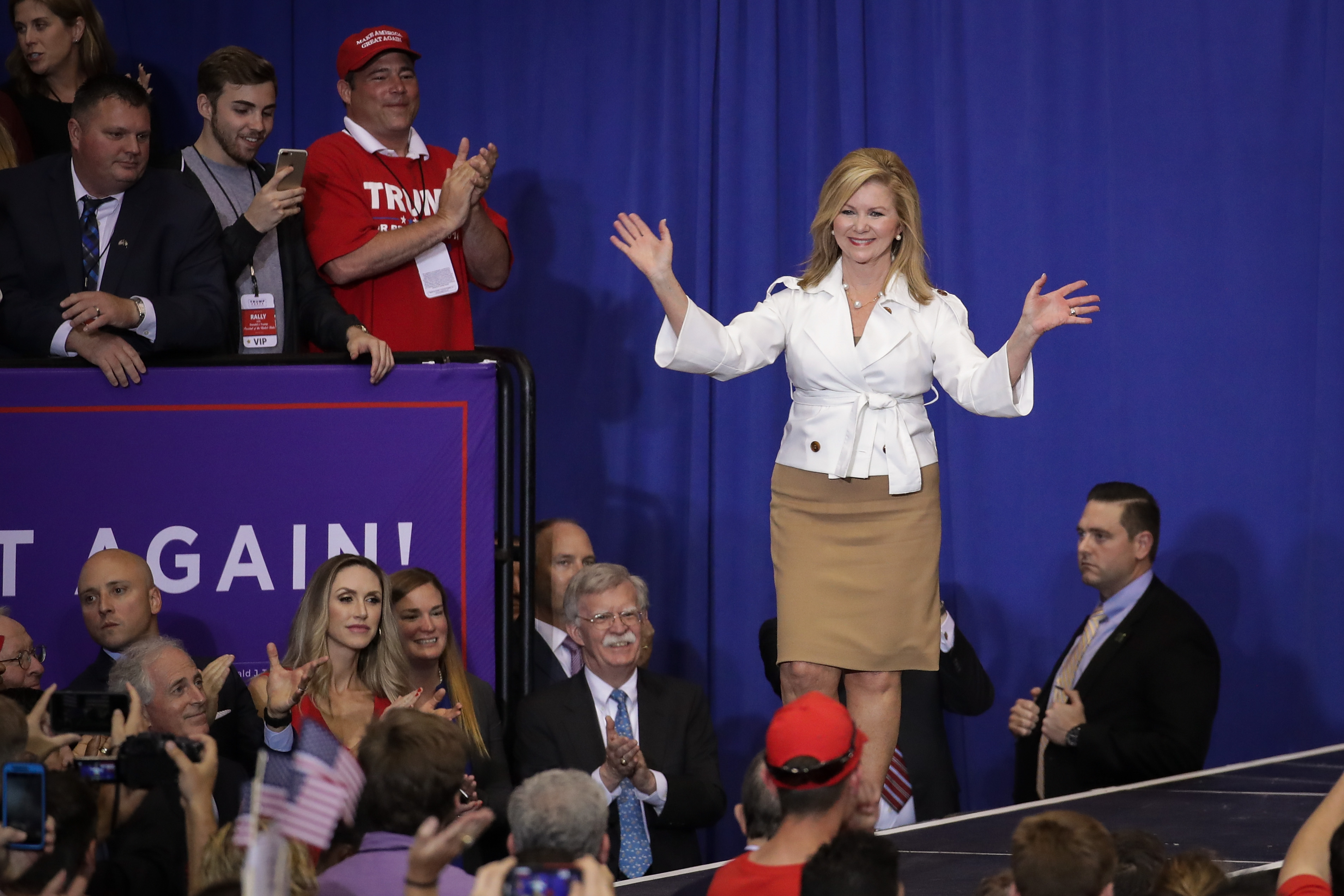 Protesters were forcibly removed from a Marsha Blackburn for Senate campaign event Sunday. CREDIT: Drew Angerer/Getty Images