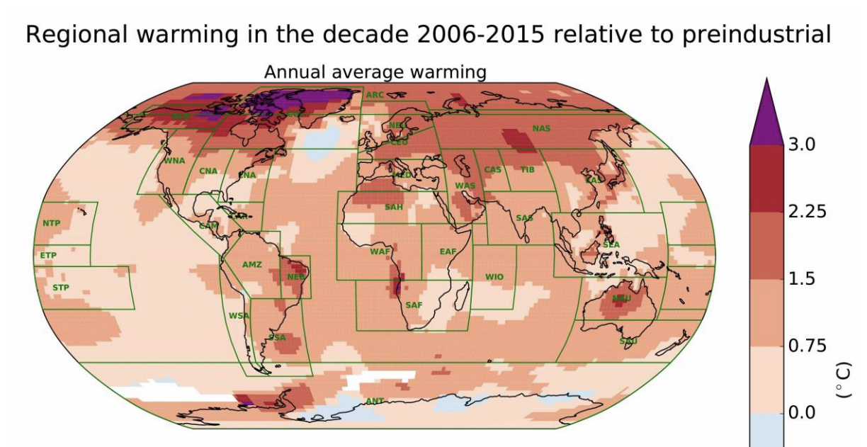 Human-caused warming for the 2006–2015
decade relative to 1850–1900. CREDIT: IPCC