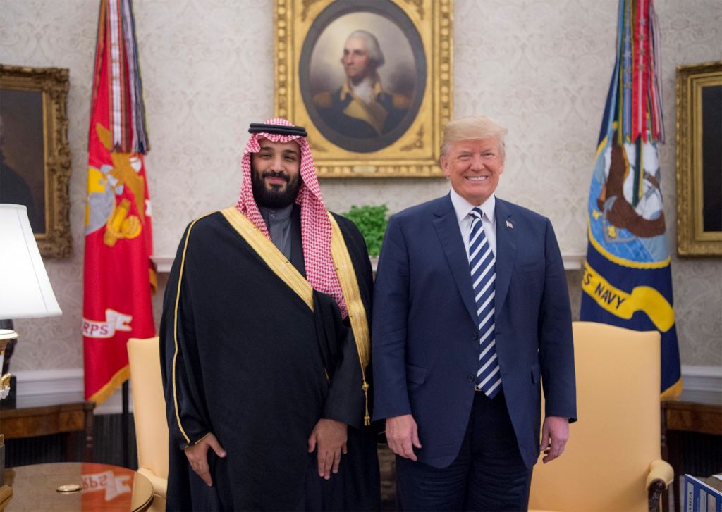 Donald Trump and Crown Prince Mohammed bin Salman of Saudi Arabia in the White House on March 20, 2018. (Bandar Algaloud/Saudi Kingdom Council/Handout/Anadolu Agency/Getty Images)