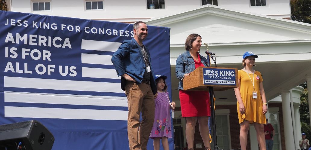 Jess King, joined by her family, is hoping to represent the 11th congressional district in Congress. CREDIT: Jess King campaign