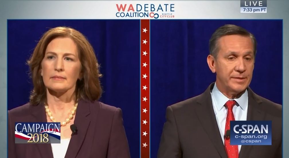 Democrat Kim Schrier, left, and Republican Dino Rossi are running for the 8th congressional seat in Washington state. CREDIT: C-SPAN/screenshot