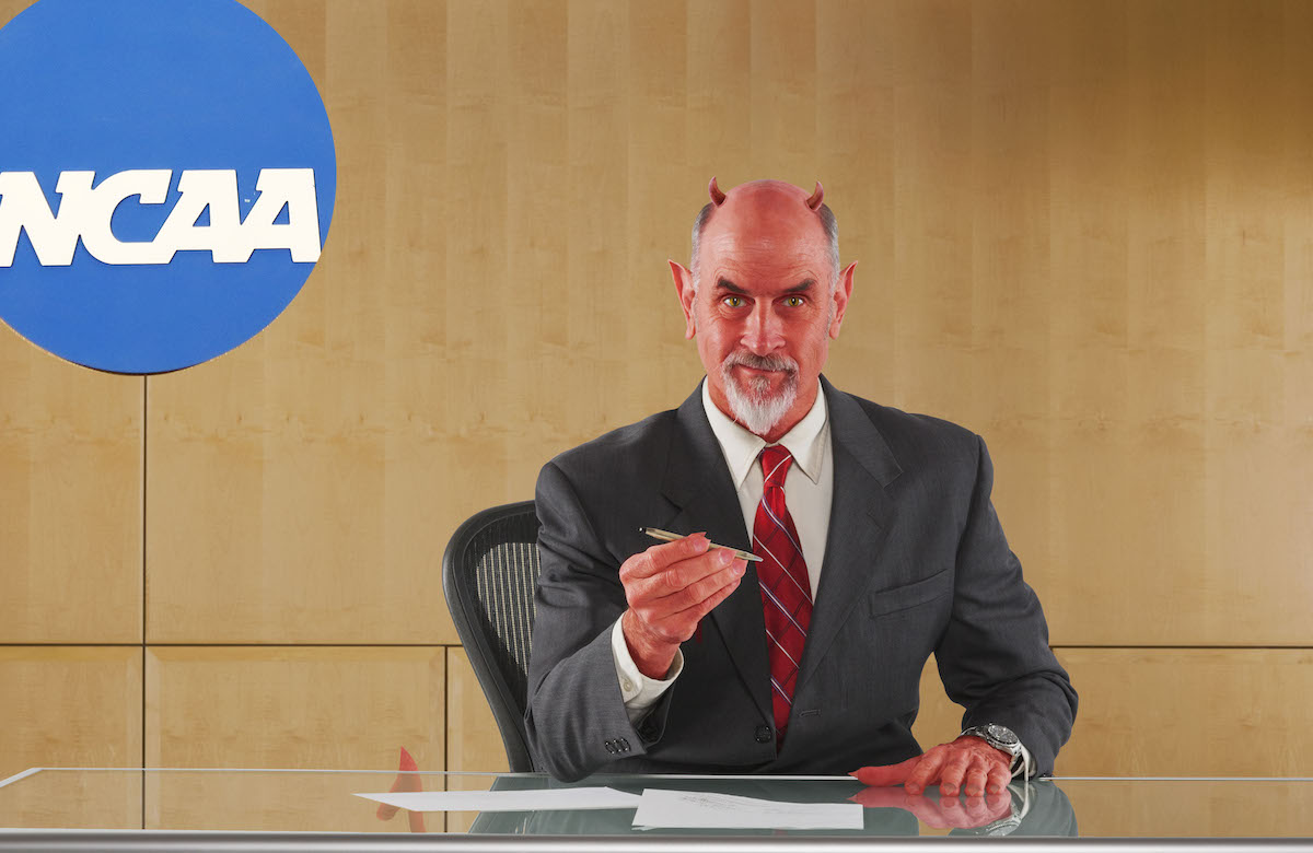 The illustrator's depiction of the NCAA front office. Credit: Getty Images / Illustration by ThinkProgress