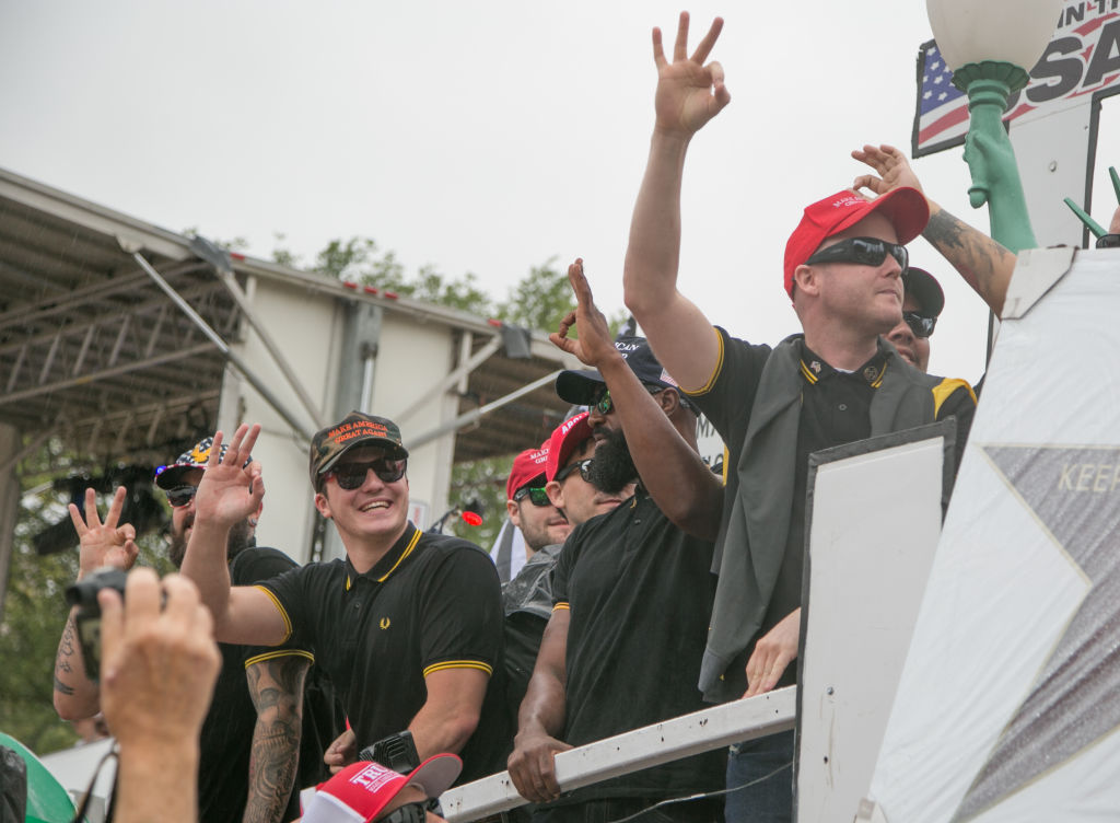 Proud Boys pose for pictures in Washington, D.C. on September 8, 2018. (Emily Molli/NurPhoto via Getty Images)
