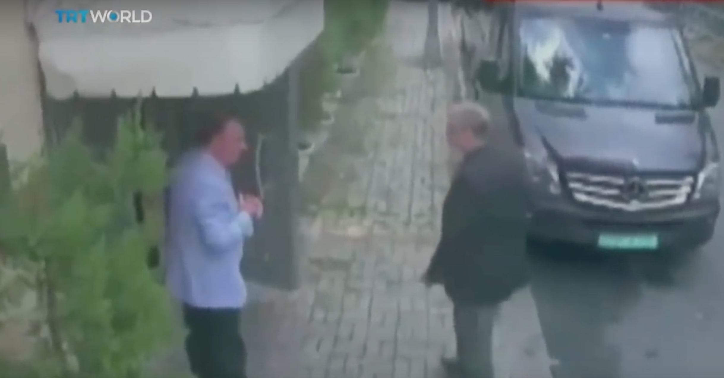 The last known image of Jamal Khashoggi alive, walking into the Saudi consulate on Oct. 2, 2018l The black Mercedes van behind him left the consulate two hours later, possibly carrying Khashoggi. CREDIT: Screenshot/TRT World.