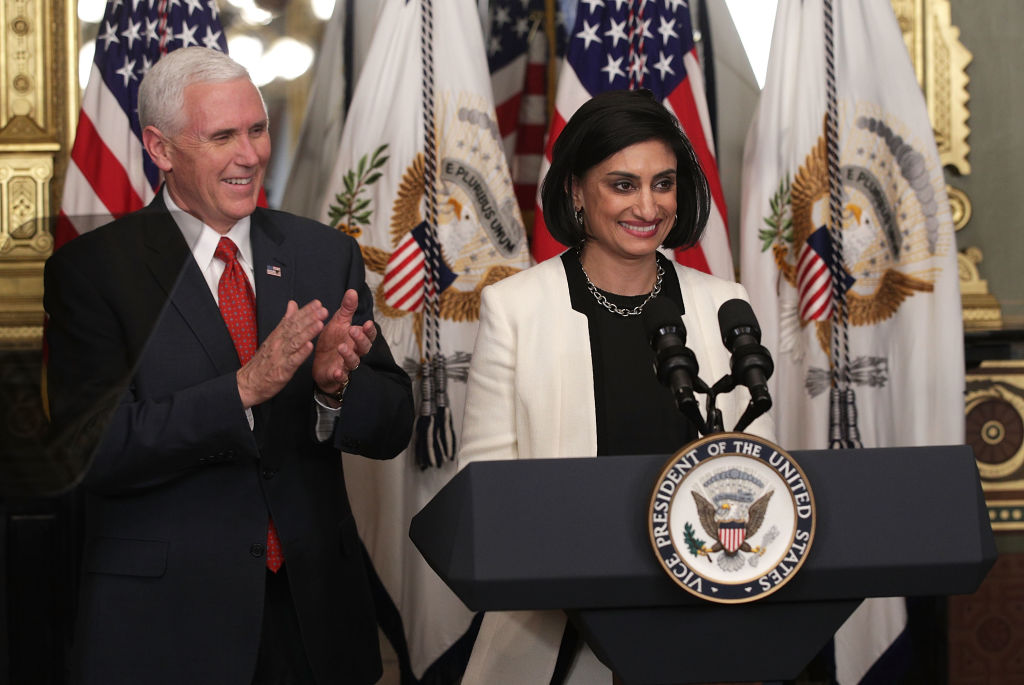 Seema Verma and Mike Pence in the Eisenhower Executive Building in Washington, D.C. on March 14, 2017. (Alex Wong/Getty Images)