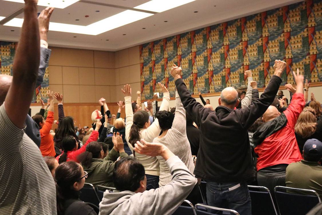 Hotel workers celebrate their new contracts over the weekend. CREDIT: Facebook/UNITE HERE Local 1