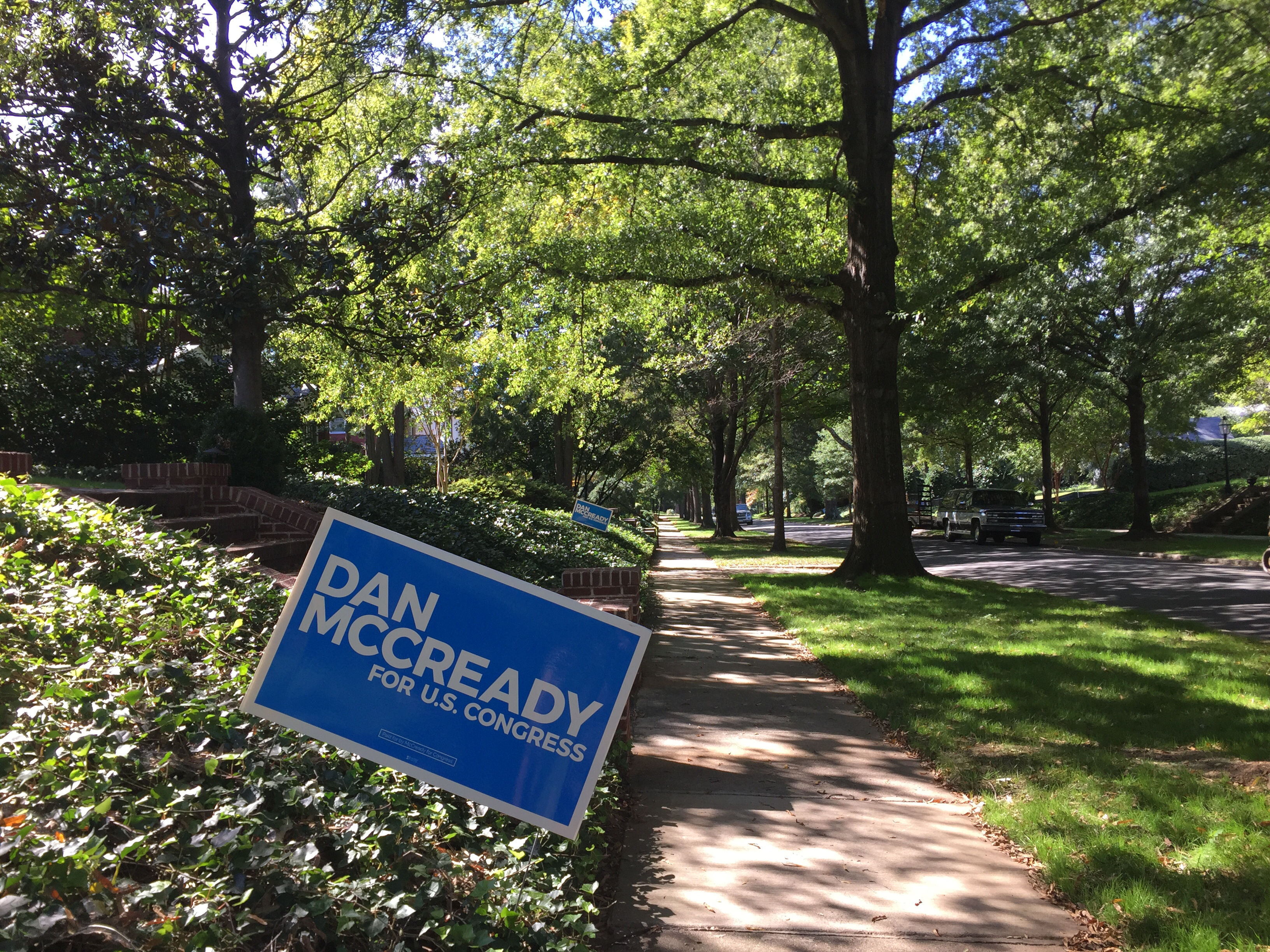 Campaign signs for Democratic candidate Dan McCready line the streets in a suburban neighborhood in Charlotte, North Carolina. (Credit: Kyla Mandel)