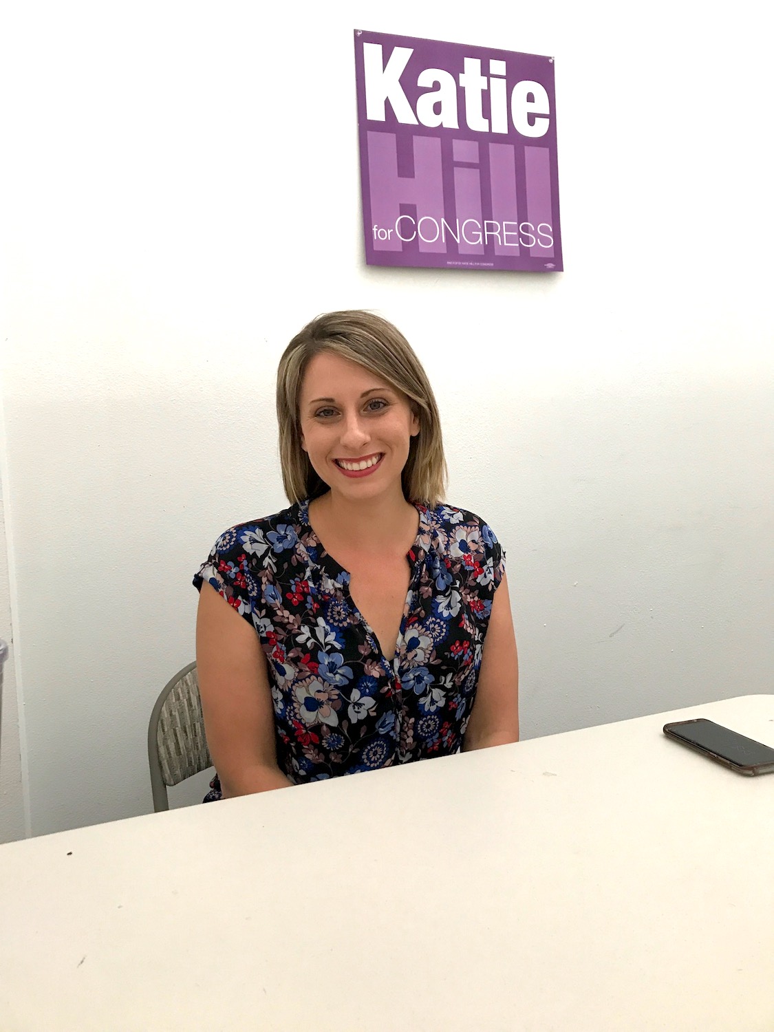 Katie Hill sat down for an interview with ThinkProgress at her campaign headquarters. CREDIT: Casey Quinlan