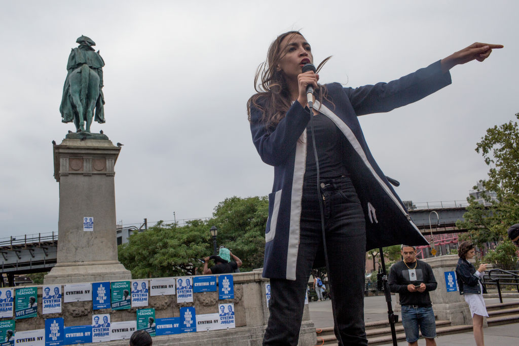 Alexandria Ocasio-Cortez at a rally in Brooklyn, New York on September 8, 2018. (Andrew Lichtenstein/Corbis via Getty Images)