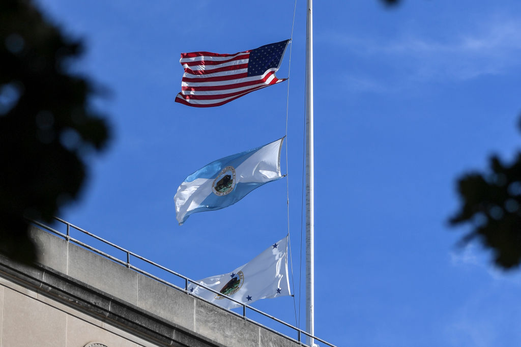 WASHINGTON, DC - OCTOBER 5: The flag of the Interior Department's deputy secretary, bottom, flew above the headquarters building in downtown Washington D.C. (Credit: Jonathan Newton/The Washington Post via Getty Images)
