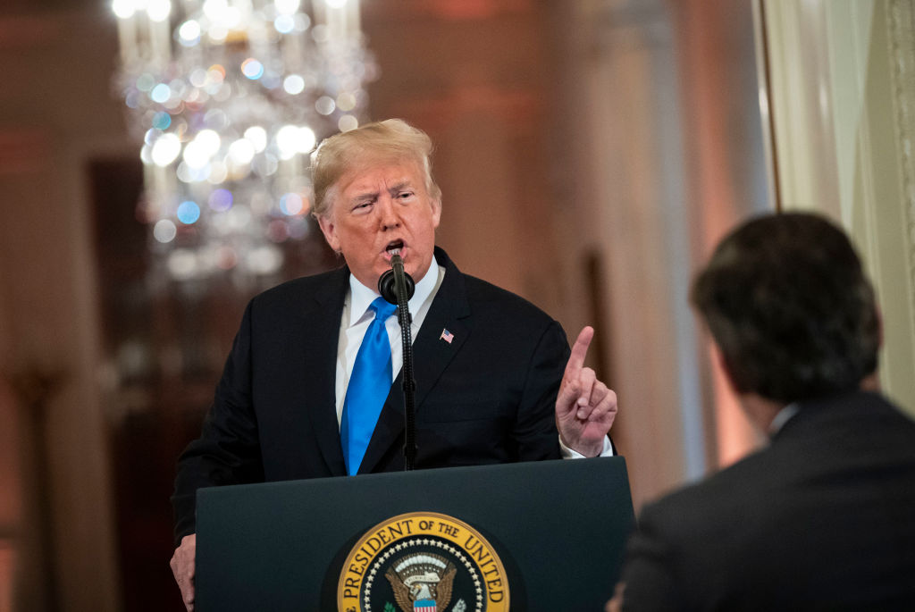 Donald Trump yells at CNN reporter Jim Acosta during a news conference in the East Room of the White House on November 7, 2018. (Al Drago - Pool/Getty Images)