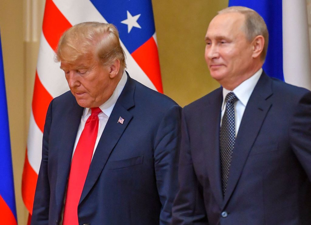 Donald Trump and Vladimir Putin before a news conference in Helsinki, Finland on July 16, 2018. (YURI KADOBNOV/AFP/Getty Images)