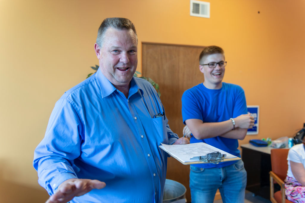 Jon Tester meets with supporters in Livingston, Montana on July 21, 2018. (William Campbell-Corbis via Getty Images)