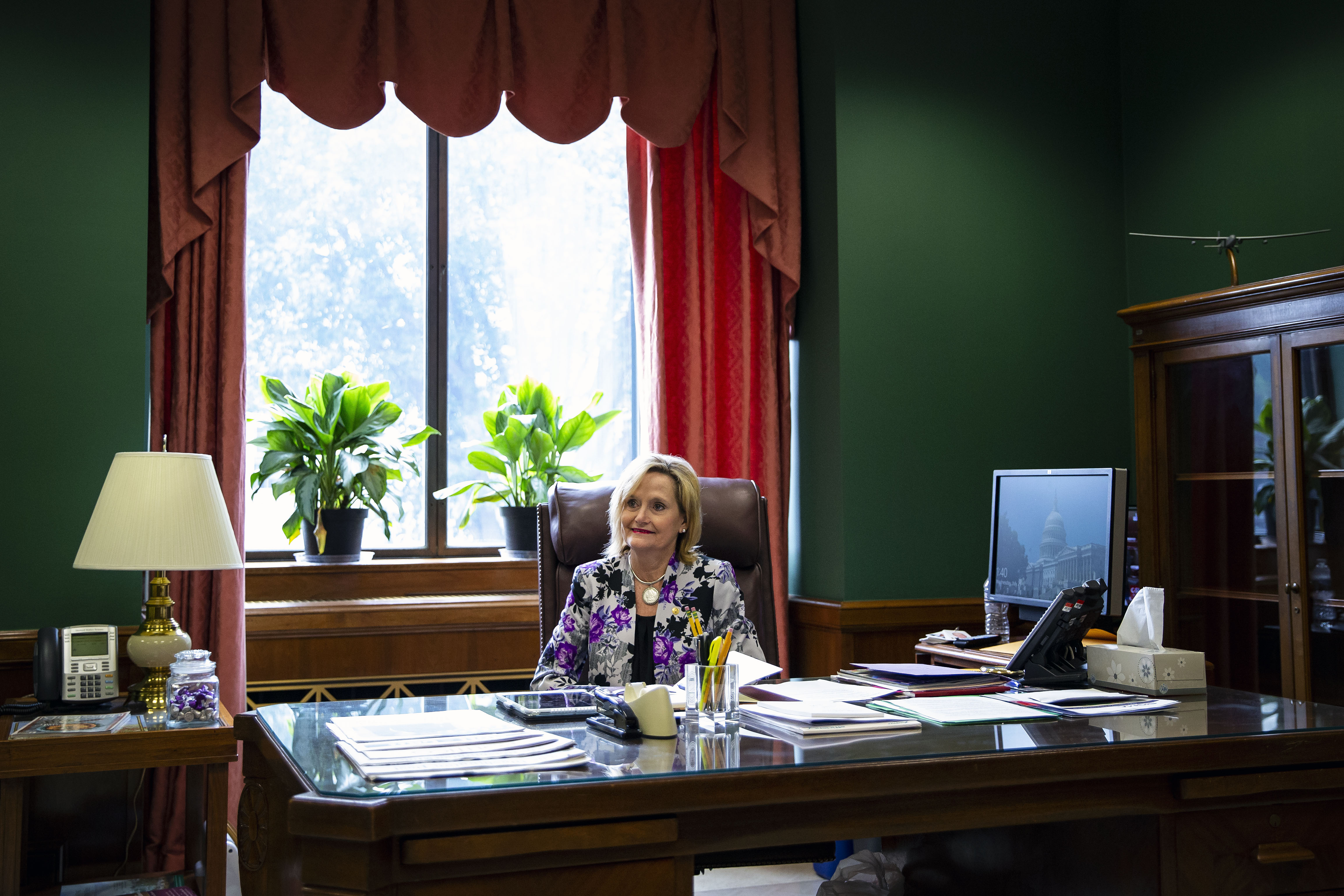 WASHINGTON, DC - JULY 25: Sen. Cindy Hyde-Smith (R-MS) sits at her desk in her office before meeting with Supreme Court nominee Judge Brett Kavanaugh, on Capitol Hill, on July 25, 2018 in Washington, DC. (Photo by Al Drago/Getty Images)