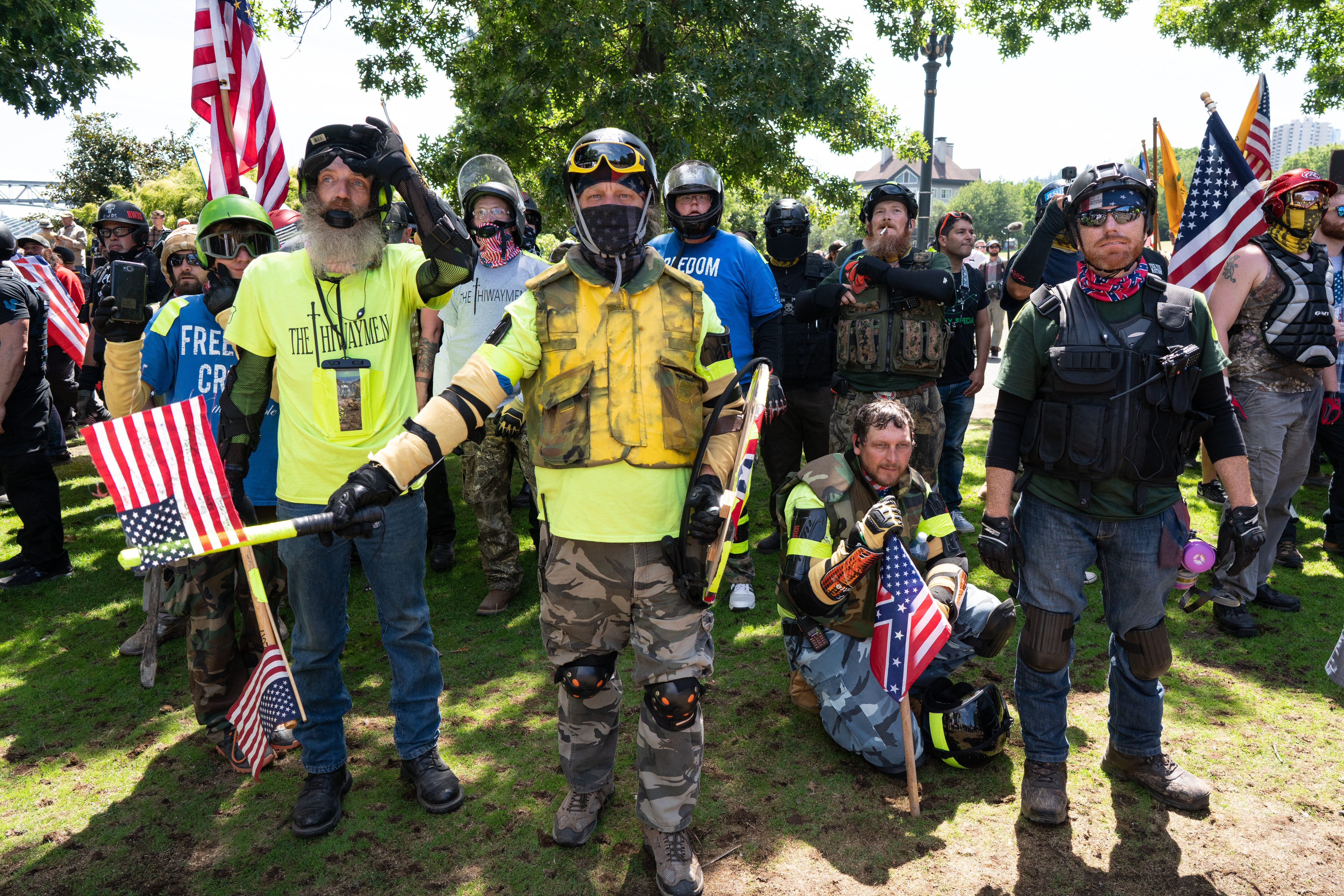 Far right protesters march in Tom McCall Waterfront Park as part of the Patriot Prayer Rally. (Photo by Kainoa Little/SOPA Images/LightRocket via Getty Images)