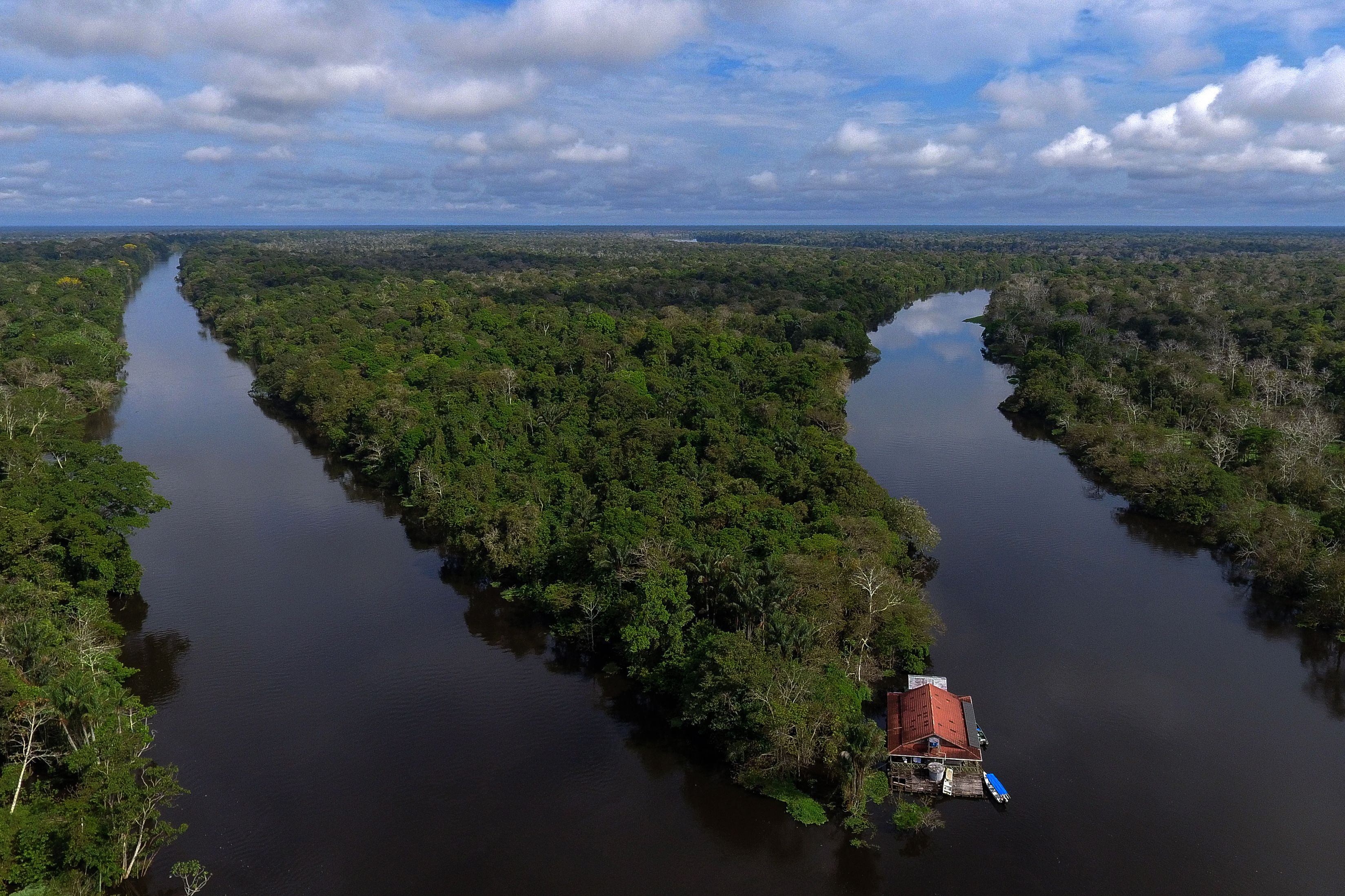 Drone view from the float where the scientists stay during their research on river dolphins, at Mamiraua Sustainable Development Reserve in Amazonas state, Brazil, on June 30, 2018. CREDIT: MAURO PIMENTEL/AFP/Getty Images