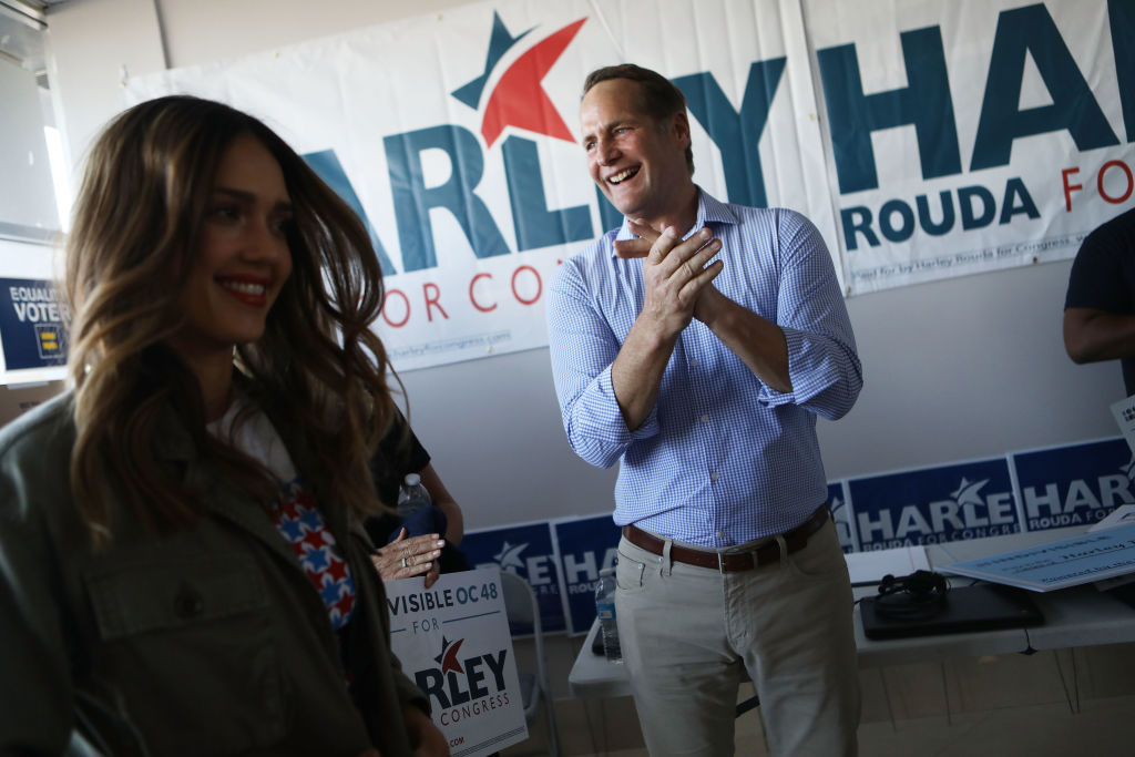 Harley Rouda and actress Jessica Alba at a canvassing event in Costa Mesa, California on October 20, 2018. (Mario Tama/Getty Images)