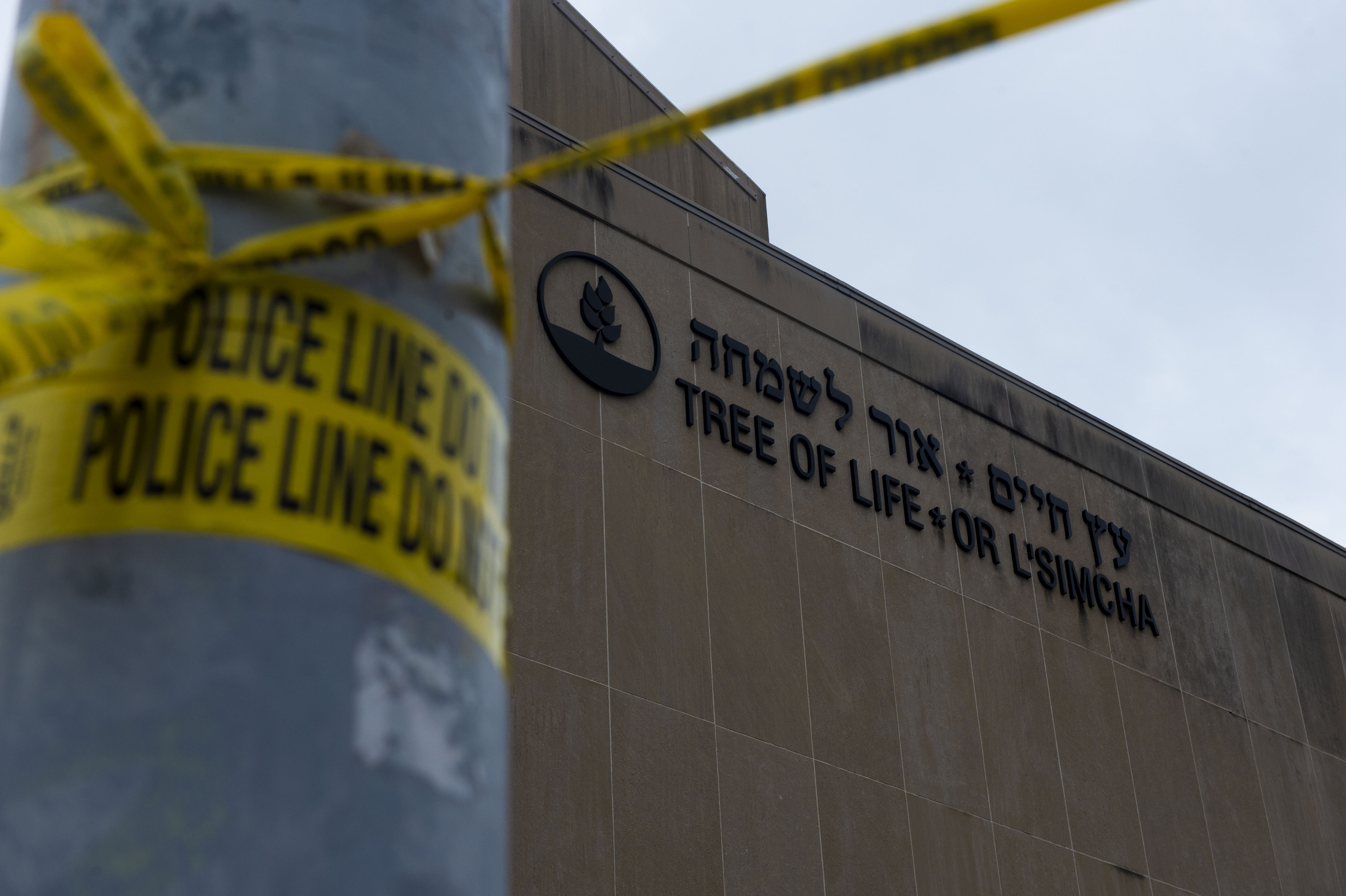 Police tape wrapped around a pole in front of the Tree of Life Synagogue in Pittsburgh, Pennsylvania on October 29, 2018. (Matthew Hatcher/SOPA Images/LightRocket via Getty Images)