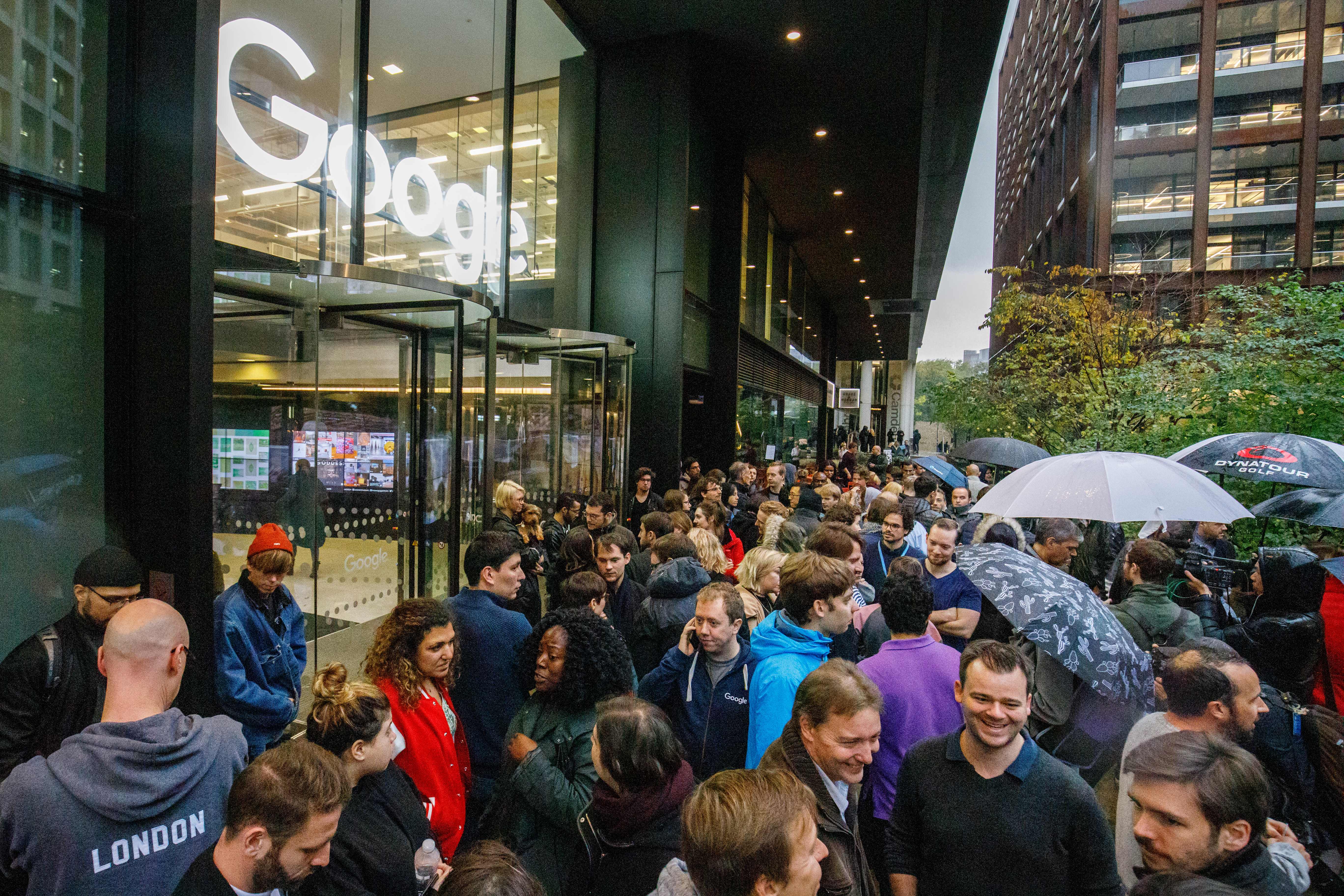 Google staff stage a walk out at the company's UK headquarters in London on November 1, 2018 as part of a global campaign over the U.S. tech giant's handling of sexual harassment (Photo Credit: TOLGA AKMEN/AFP/Getty Images)