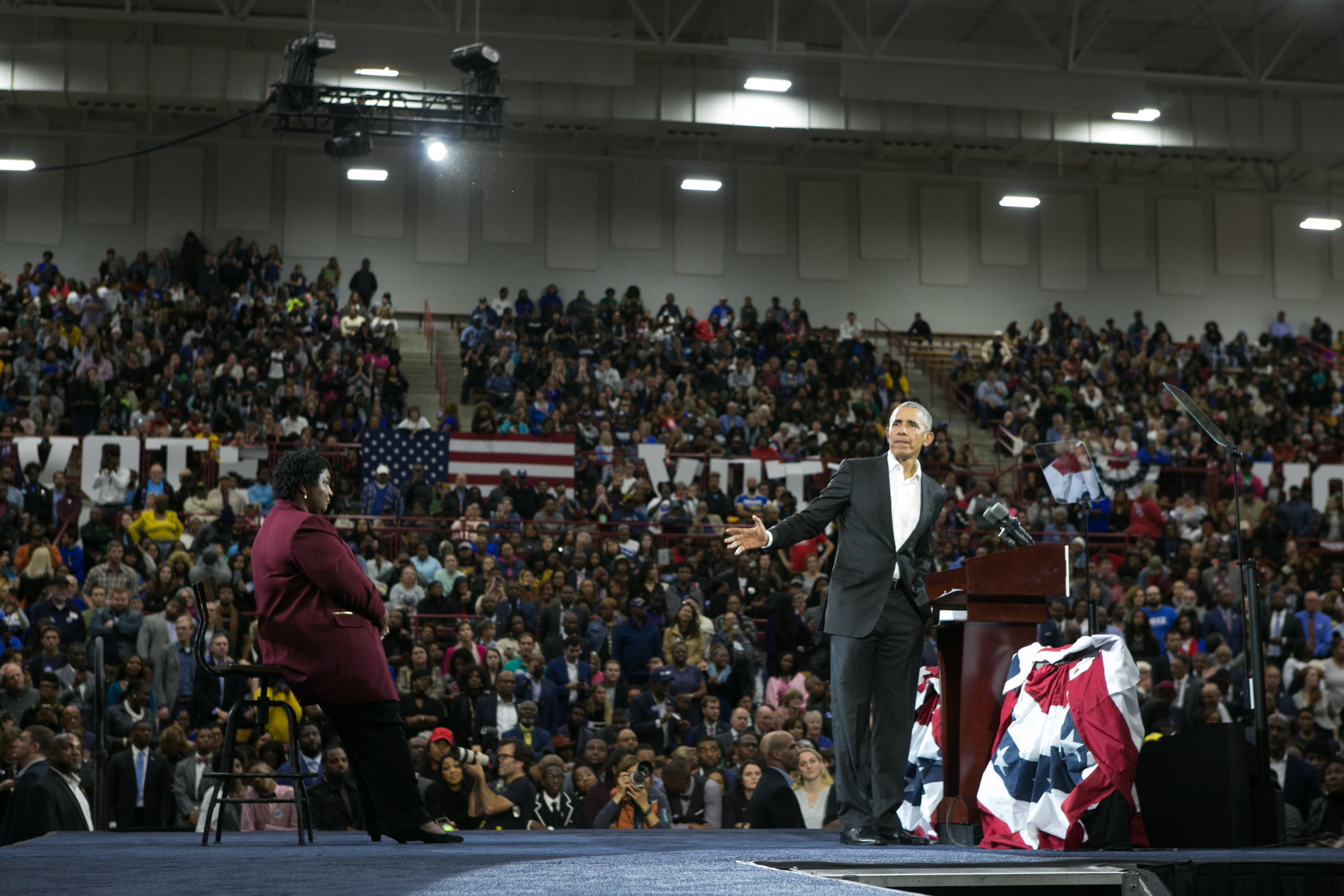 Former US President Barack Obama addresses the crowd in support of Georgia Democratic Gubernatorial candidate Stacey Abrams during a campaign rally at Morehouse College on November 2, 2018 in Atlanta, Georgia. Obama spoke in Atlanta to endorse Abrams and encourage Georgians to vote. (Photo by Jessica McGowan/Getty Images)