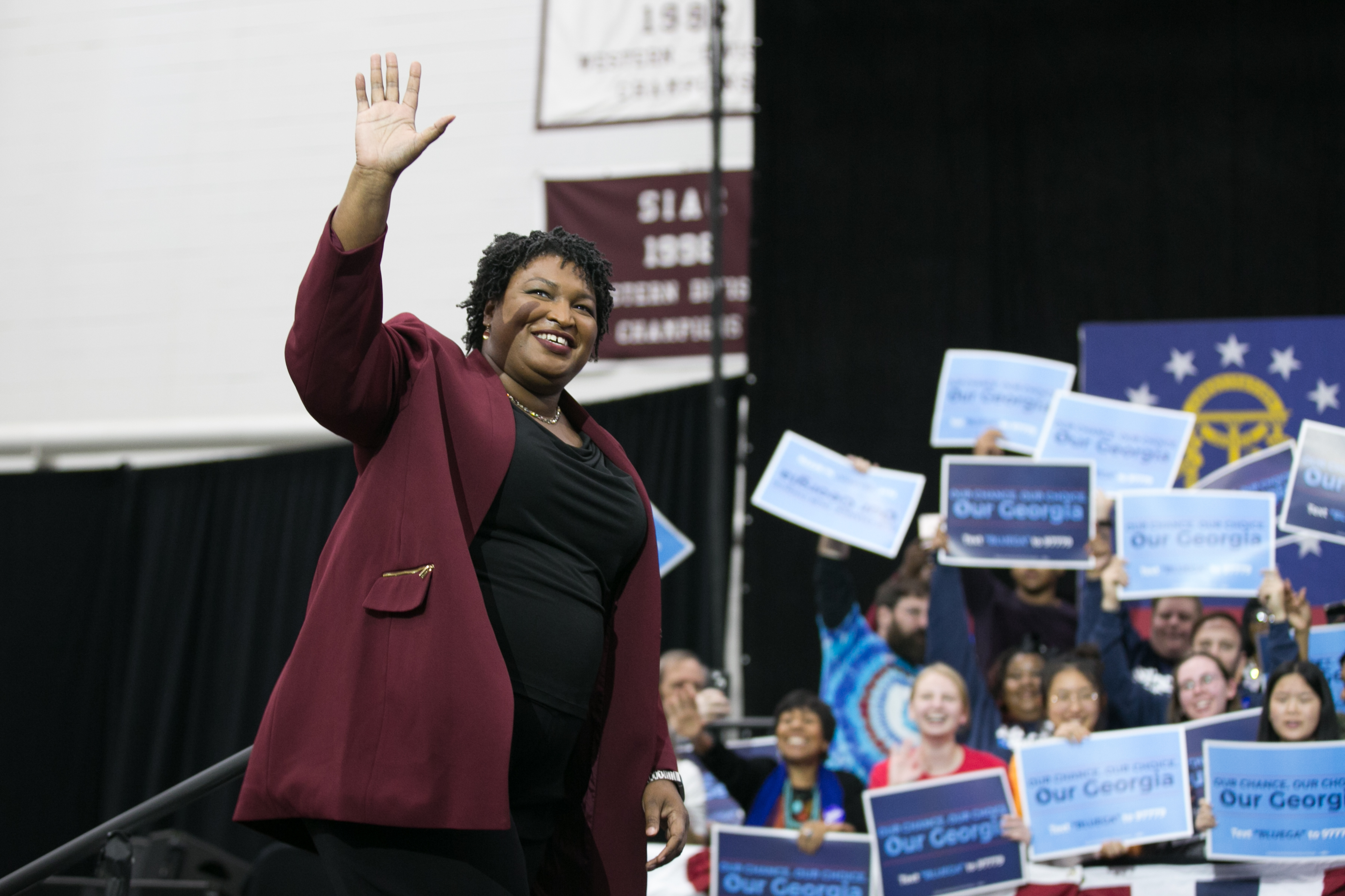 ATLANTA, GA - NOVEMBER 02: Georgia Democratic Gubernatorial candidate Stacey Abrams walks on stage and waves at the audience for a campaign rally at Morehouse College with Former US President Barack Obama on November 2, 2018 in Atlanta, Georgia. Obama spoke in Atlanta to endorse Abrams and encourage Georgians to vote. (Photo by Jessica McGowan/Getty Images)