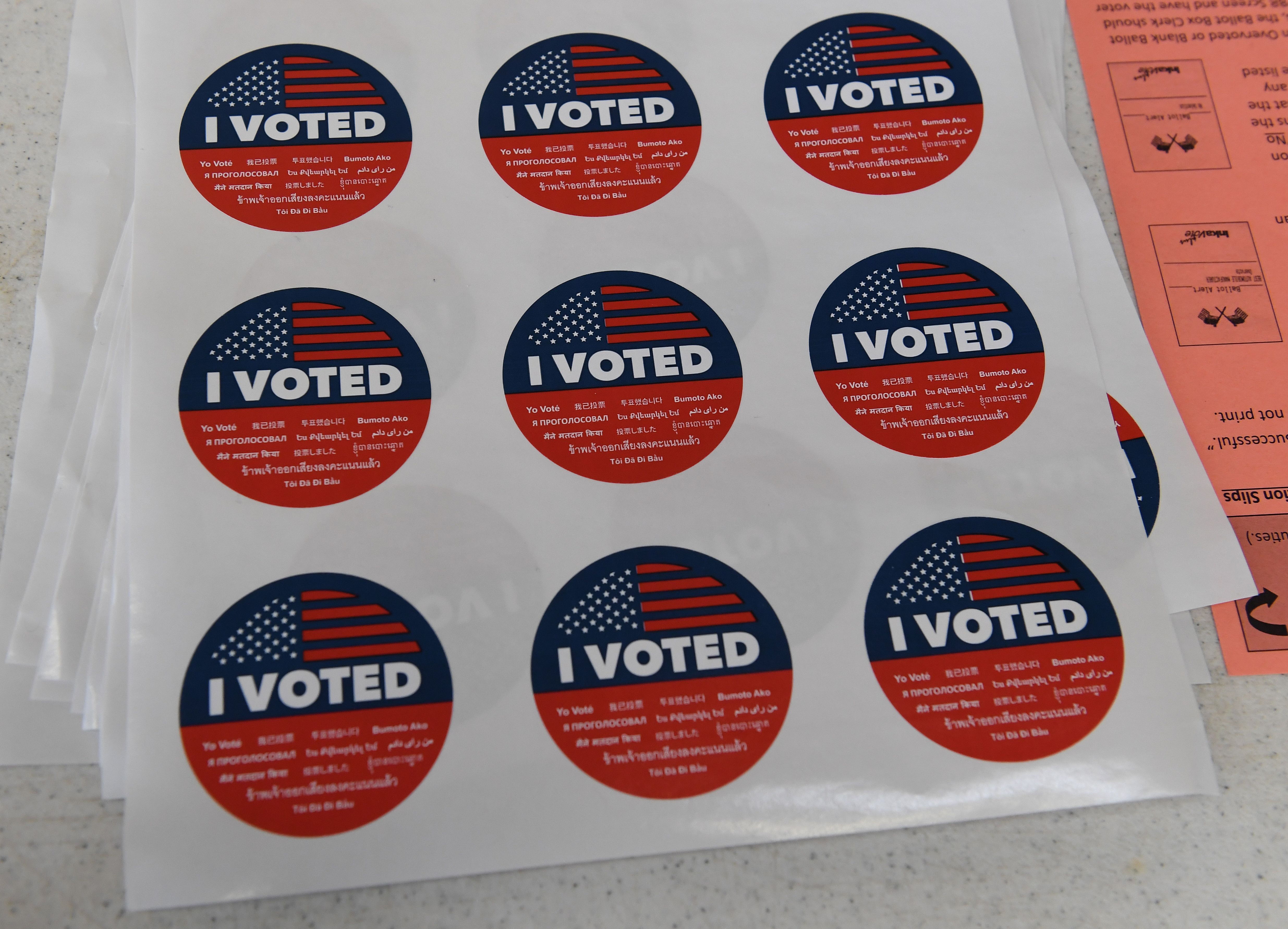 "I voted" stickers are viewed during the mid-term elections beside the beach at the Venice Beach Lifeguard station in California on November 6, 2018. CREDIT: Mark Ralston/AFP/Getty Images.
