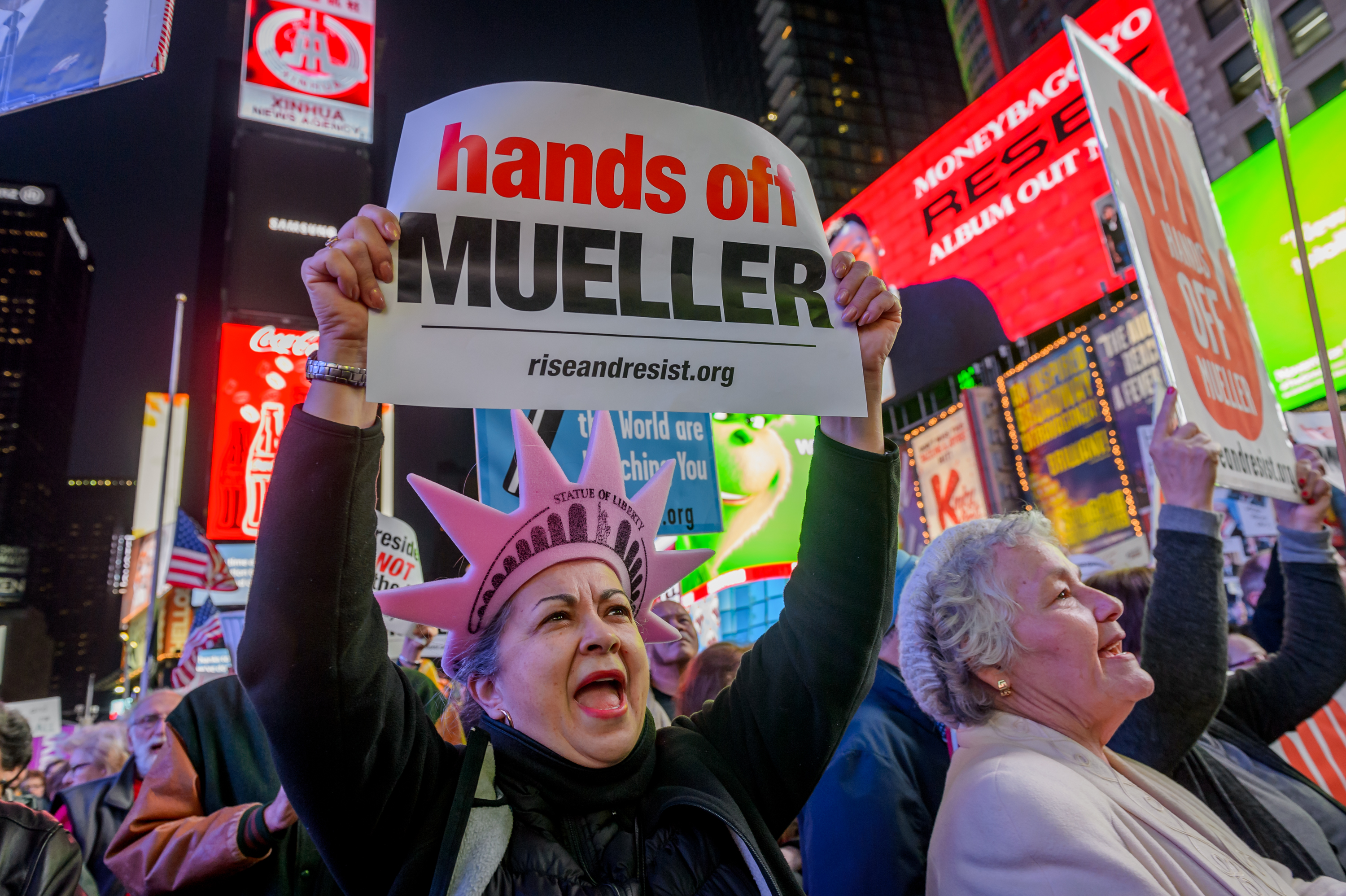 Protesters in New York denounced acting Attorney General Matthew Whitaker as having potential conflicts of interest in overseeing Mueller's investigation into Russian interference in the 2016 election and potential crimes by Trump campaign officials and associates. CREDIT: Erik McGregor/Pacific Press/LightRocket via Getty Images.