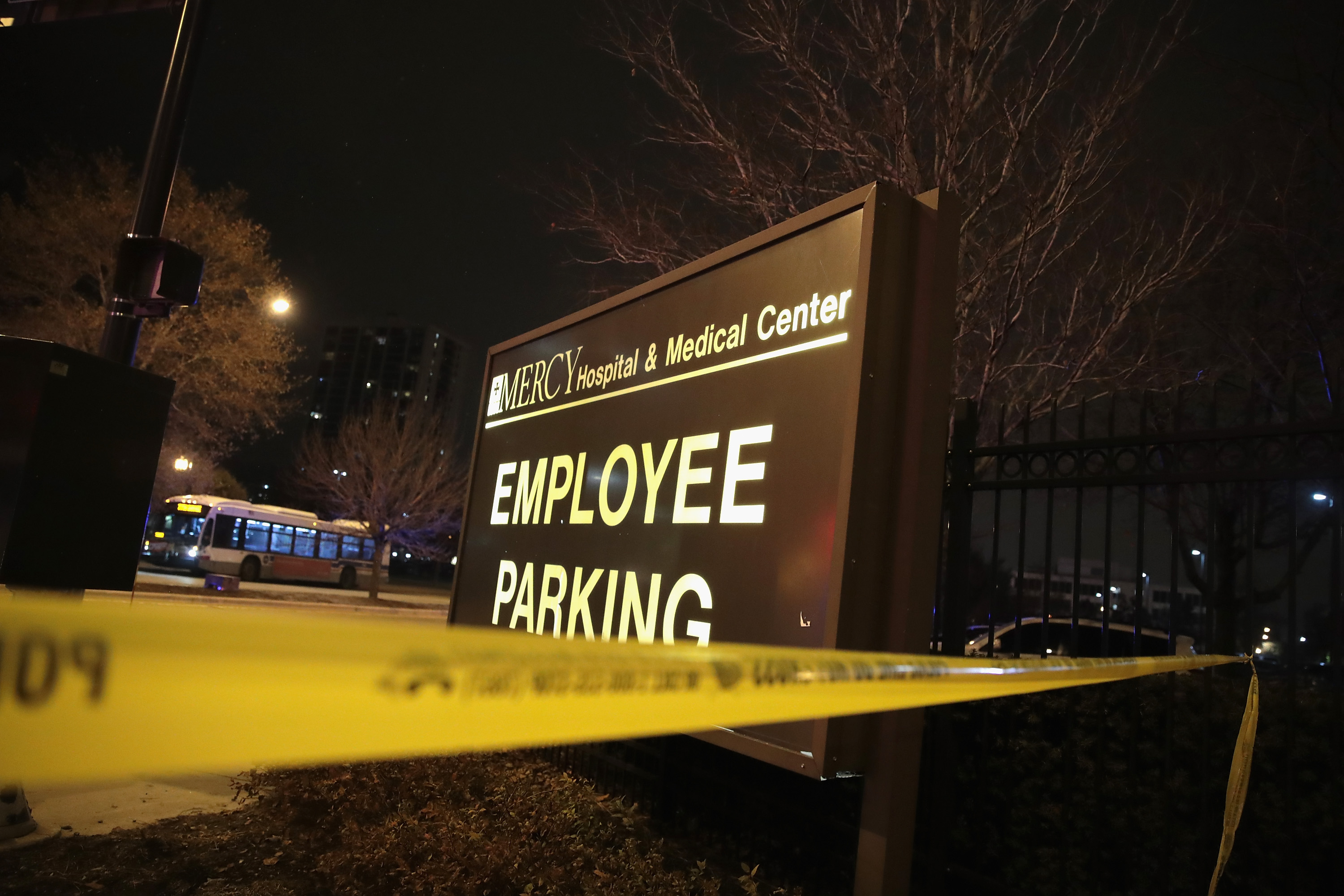 CHICAGO, IL - NOVEMBER 19: Crime scene tape secures an area around Mercy Hospital after a gunman opened fire on November 19, 2018 in Chicago, Illinois. A police officer, the gunman and at least two hospital workers were killed during the incident. (Photo by Scott Olson/Getty Images)