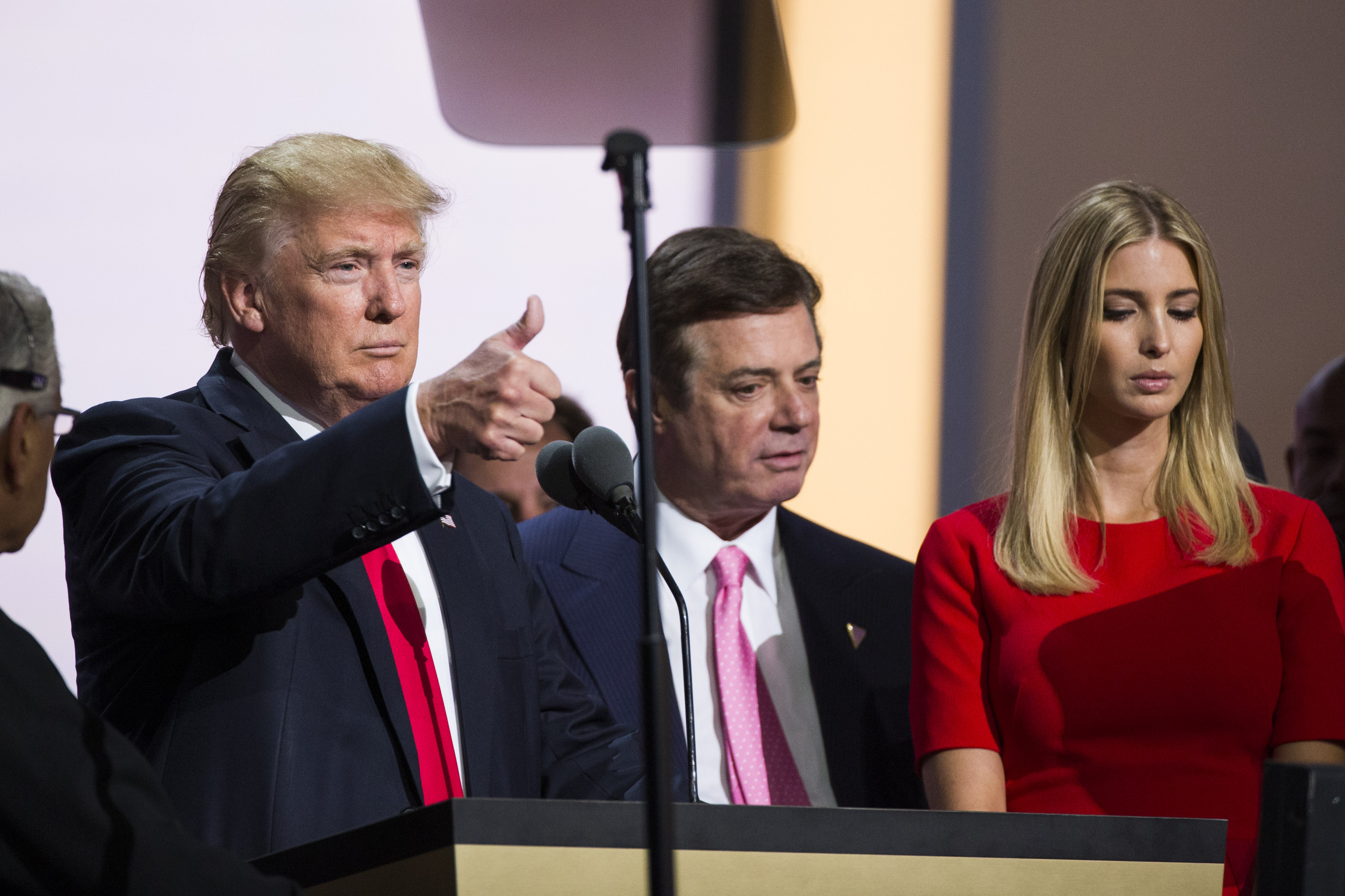 Then-Republican nominee Donald Trump, his former campaign manager, Paul Manafort, and his daughter Ivanka Trump do a walk thru at the Republican Convention in Cleveland, Ohio, on July 20, 2016. CREDIT: Brooks Kraft/ Getty Images
