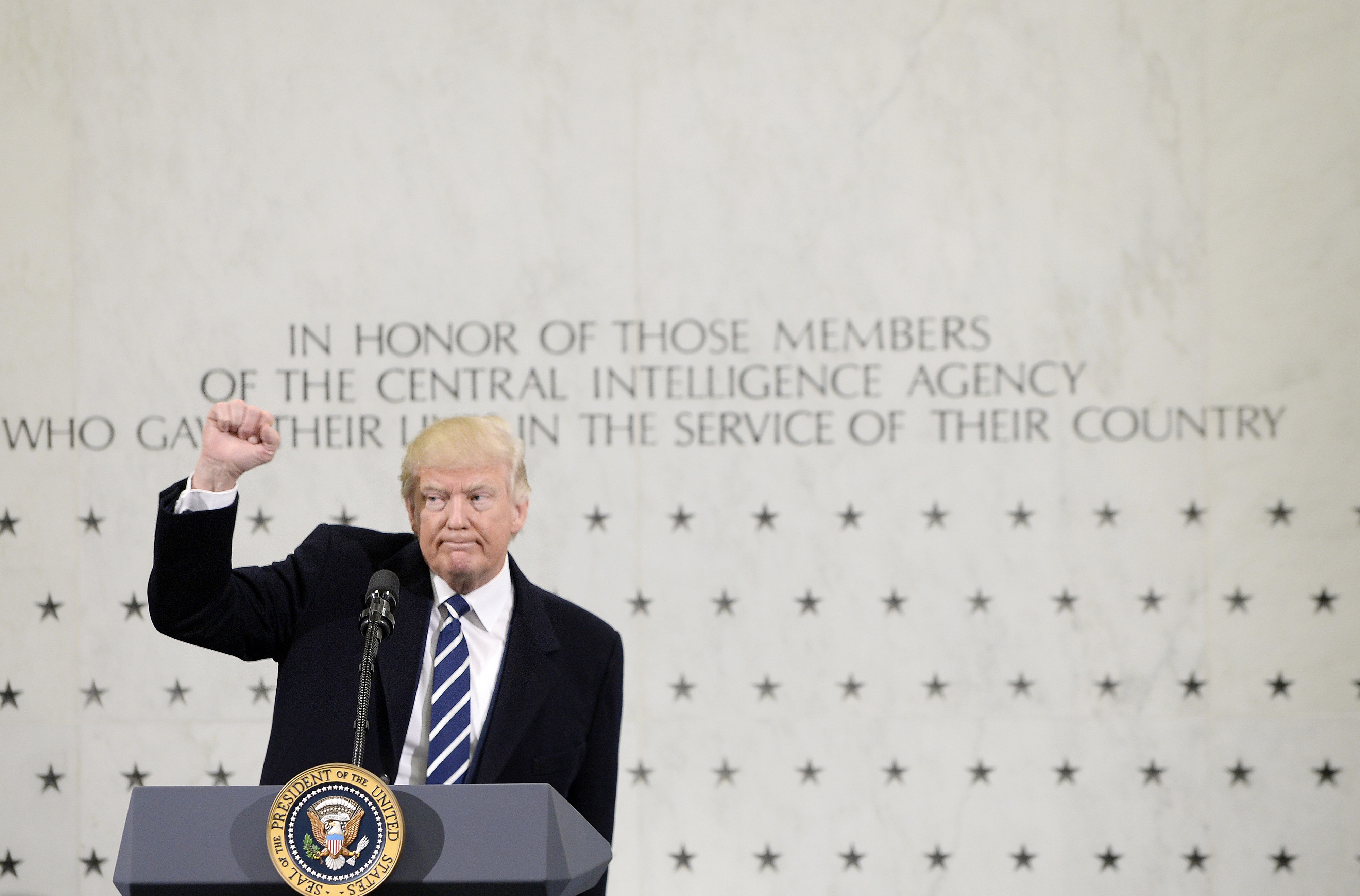 President Donald Trump speaks at the CIA headquarters on January 21, 2017 in Langley, Virginia . CREDIT: Olivier Doulier/Pool/Getty Images.