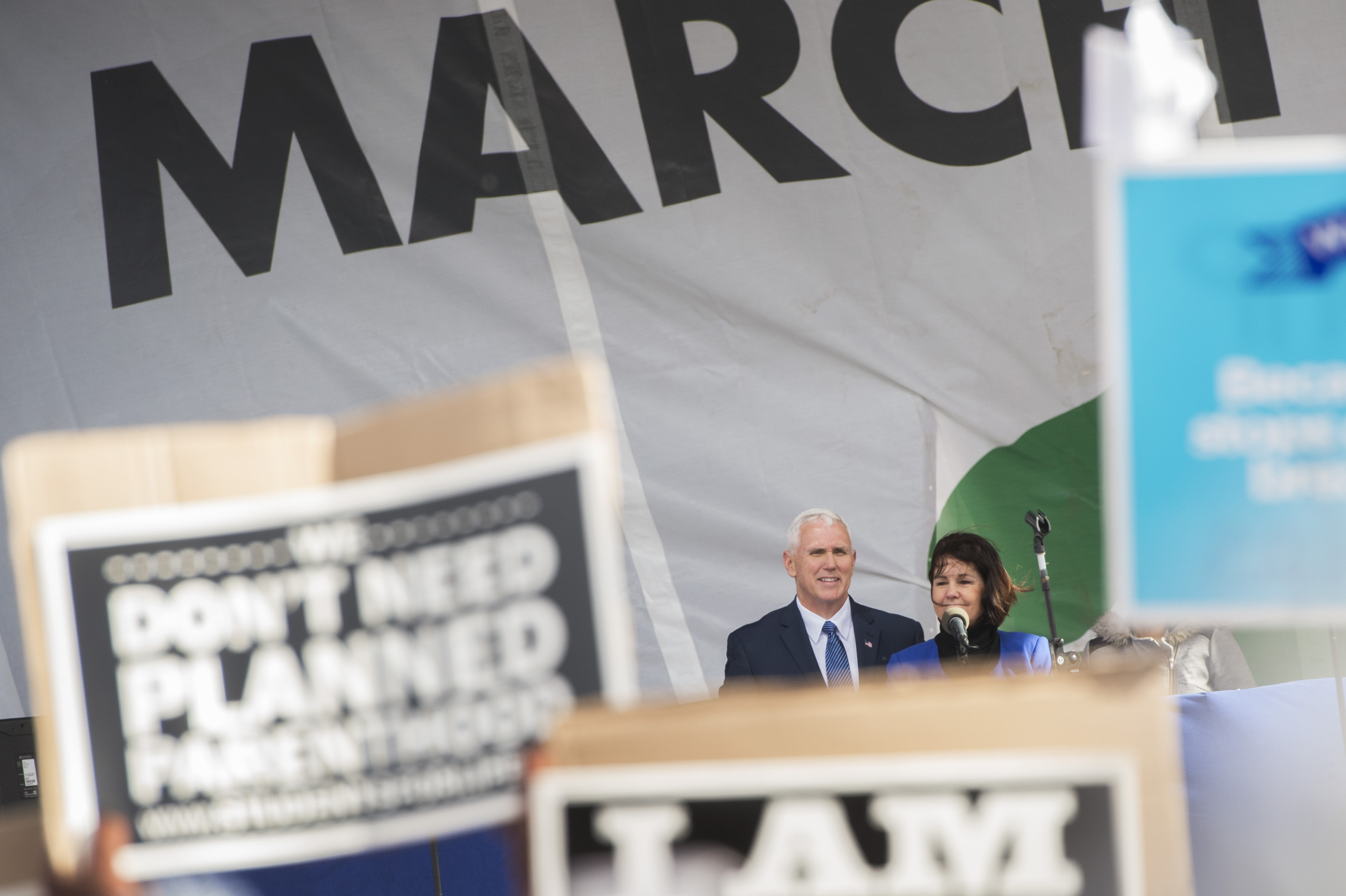 UNITED STATES - JANUARY 27: Vice President Mike Pence and his wife Karen, speak near the base of the Washington Monument during the annual March for Life, January 27, 2017. Attendees march from the monument to Capitol Hill to oppose abortion. (Photo By Tom Williams/CQ Roll Call)