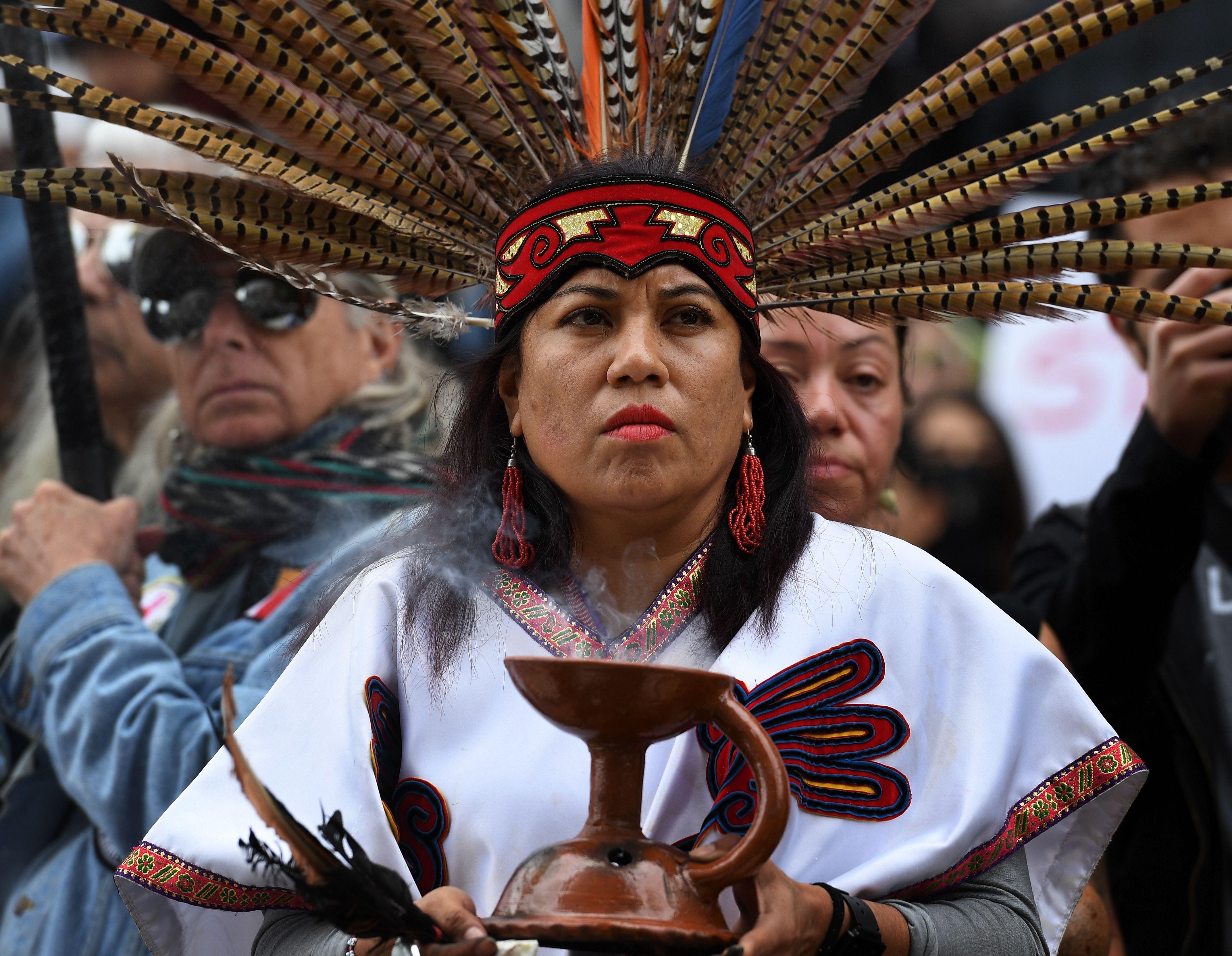 Native Americans lead demonstrators as they march to the Federal Building in protest against President Donald Trump's executive order fast-tracking the Keystone XL and Dakota Access oil pipelines, in Los Angeles, California on February 5, 2017.
CREDIT: MARK RALSTON/AFP/Getty Images