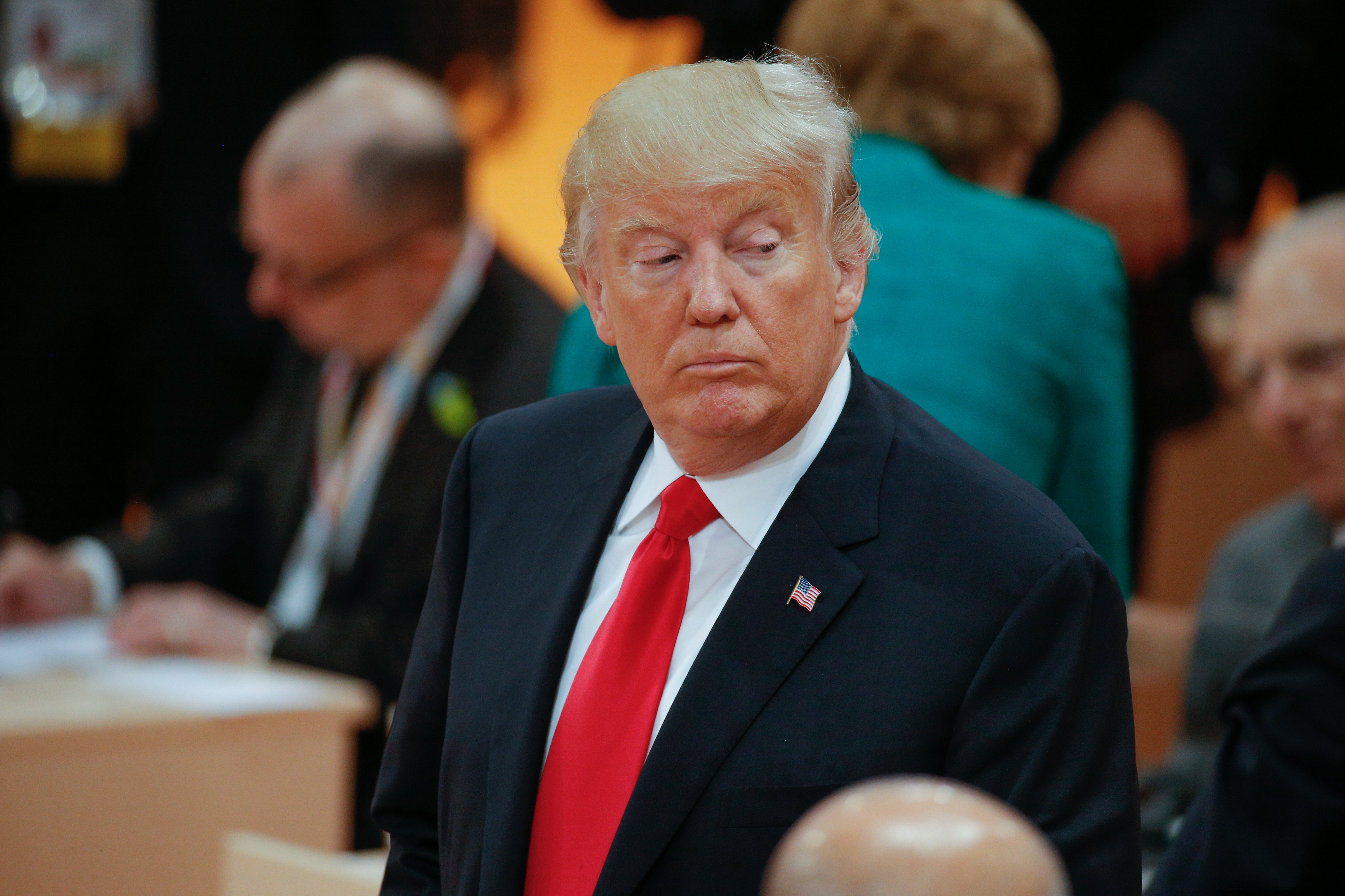 President Donald Trump is seen ahead of the third plenary session of the G20 summit in Hamburg, Germany on 8 July, 2017. CREDIT: Jaap Arriens/NurPhoto/Getty Images.