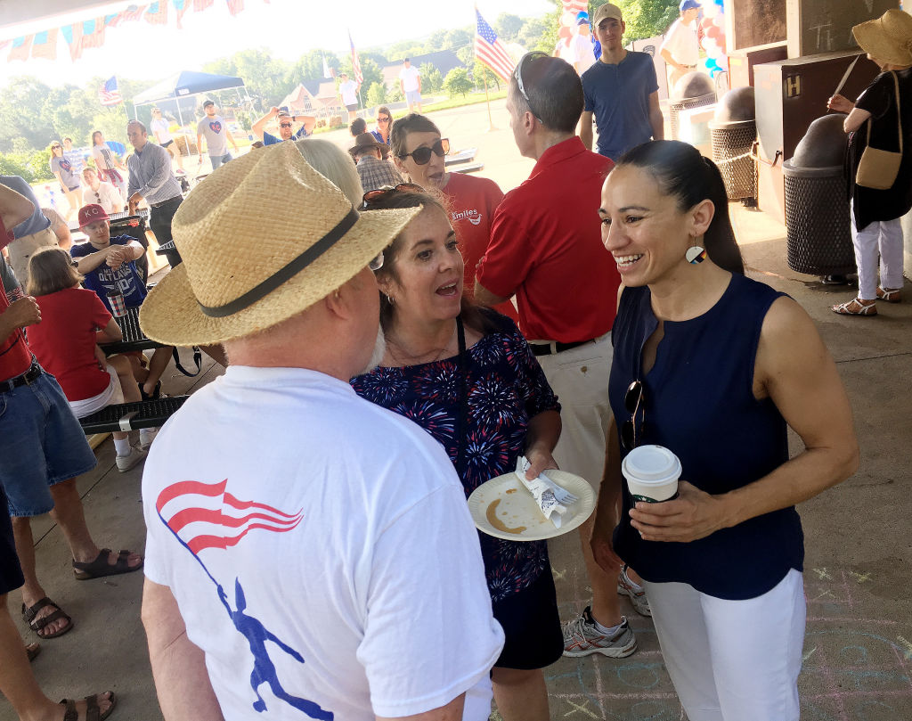 Sharice Davids talks to supporters in Prairie Village, Kansas on July 4, 2018. (David Weigel/The Washington Post via Getty Images)
