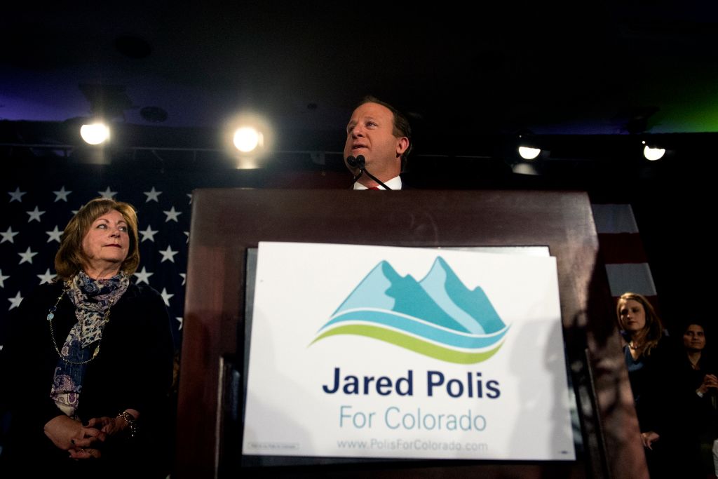Rep. Jared Polis (D) addresses supporters in Denver after being elected Colorado governor November 6, 2018. CREDIT: JASON CONNOLLY/AFP/Getty Images.