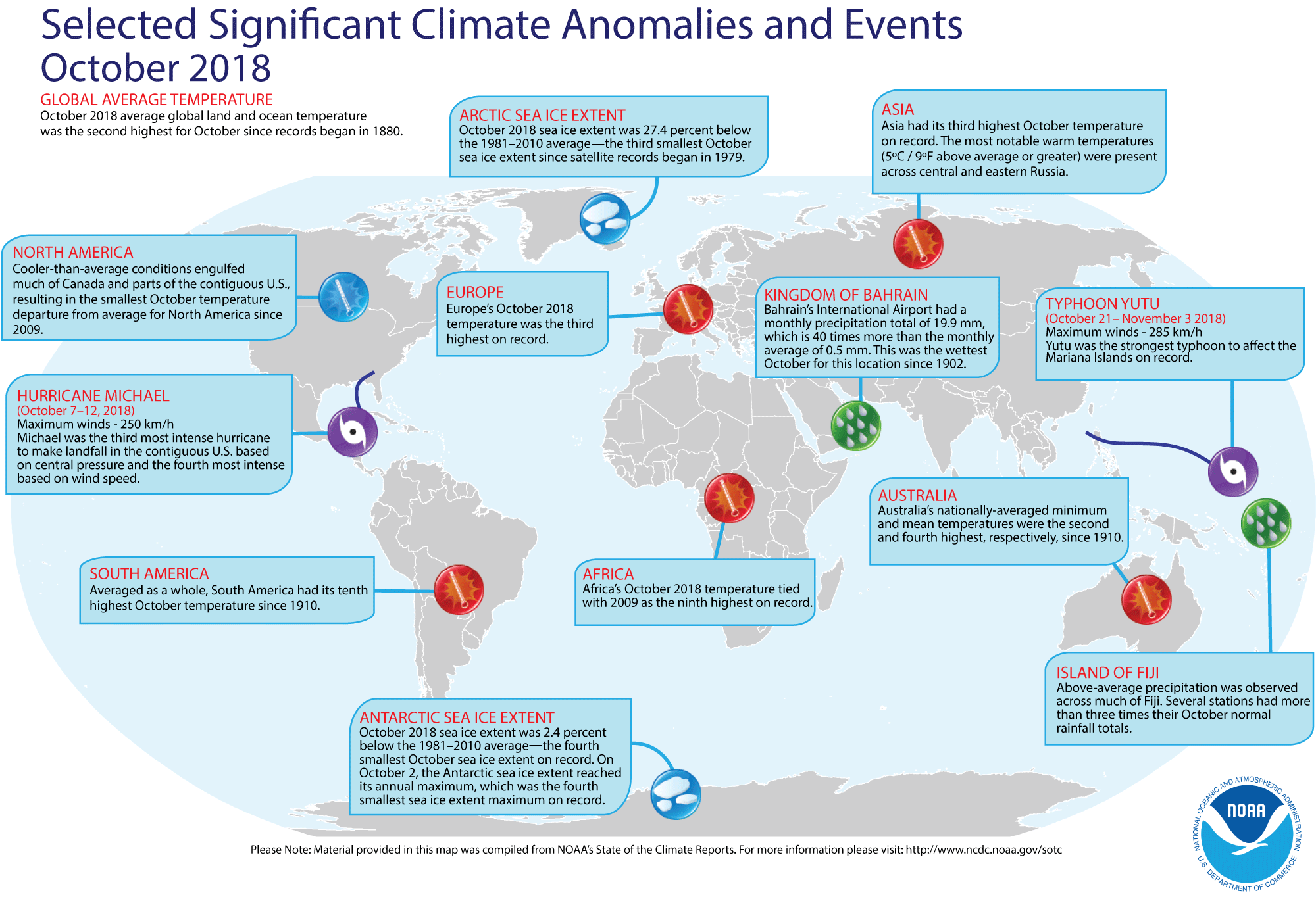 Climate events around the world in October 2018 according to NOAA.