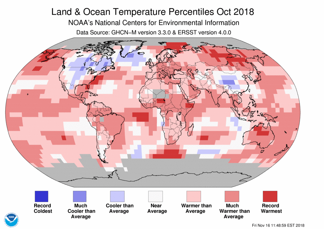 October 2018 global average temperatures. Data via NOAA.