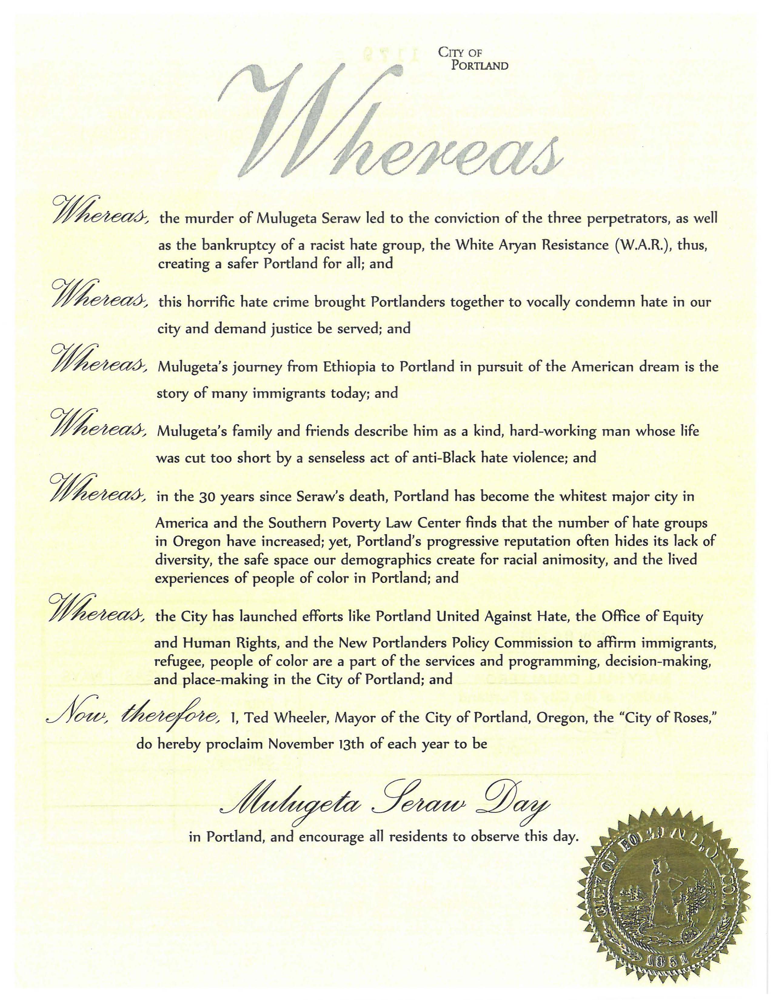 The proclamation announcing that every Nov. 13 will be "Mulugeta Seraw Day" in Portland.