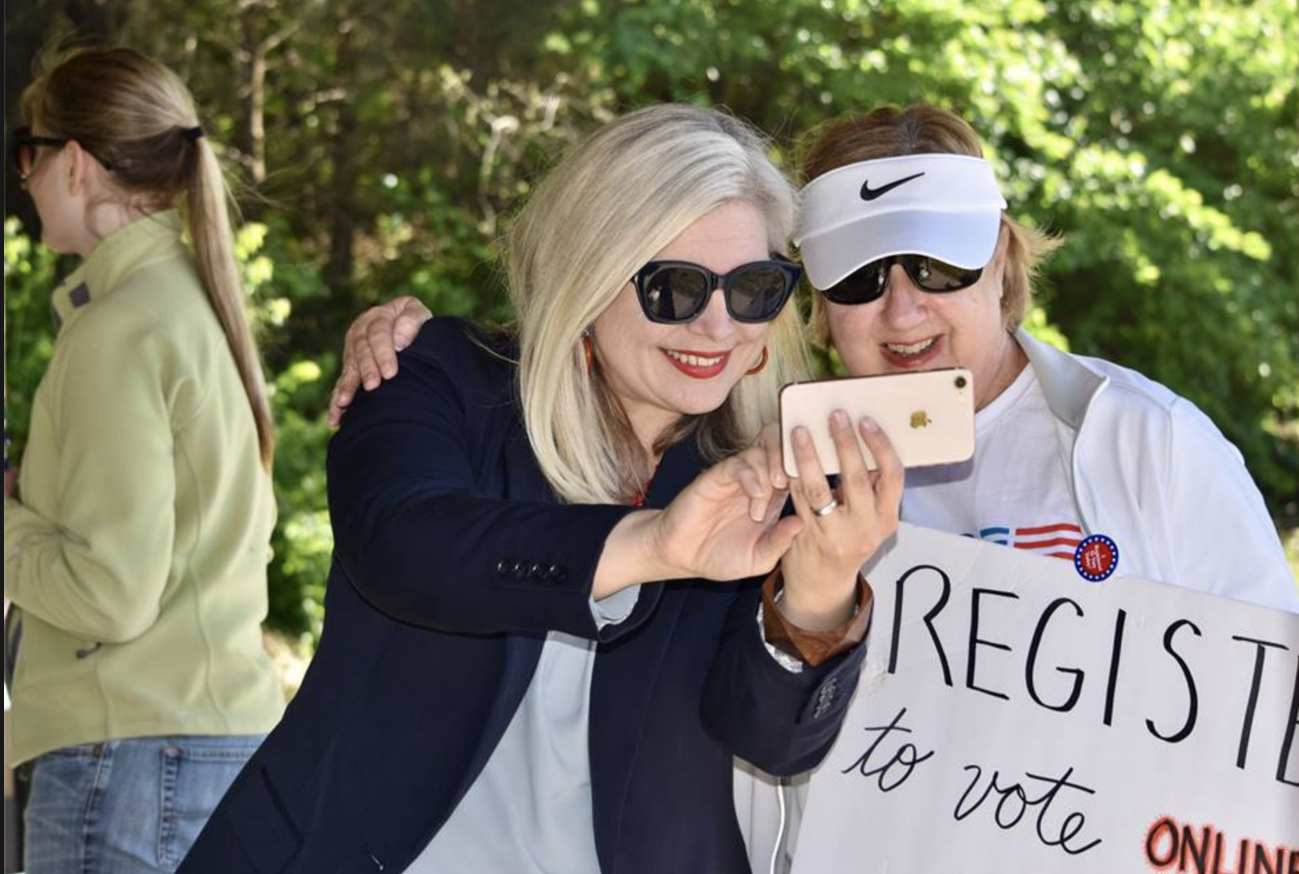 State Senate candidate Kristen Grimm poses for a selfie with a supporter. CREDIT: Missy Horesh/Kristen Grimm for State Senate Campaign facebook
