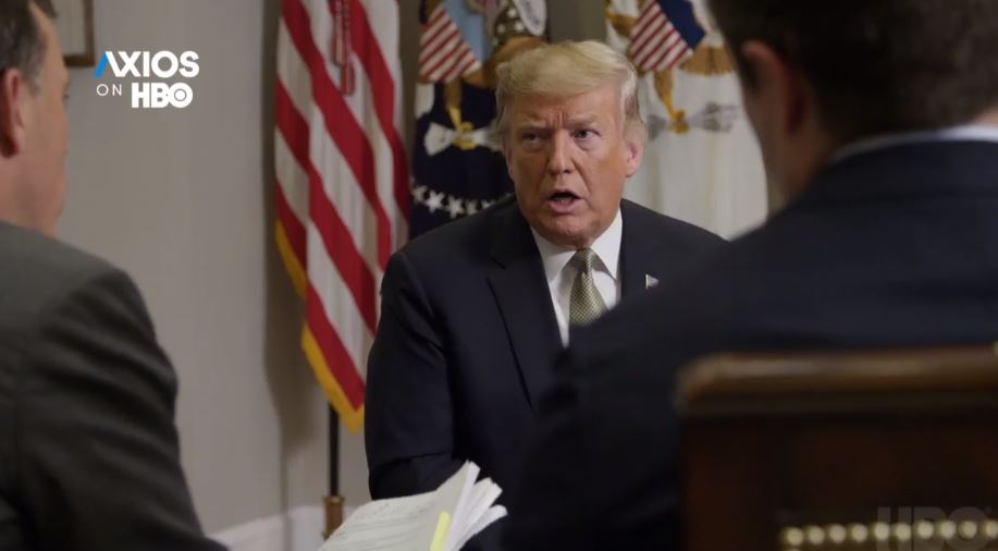 President Trump disputes his own government’s scientific findings, which state that intensifying climate change is caused by humans. CREDIT: Axios/screenshot