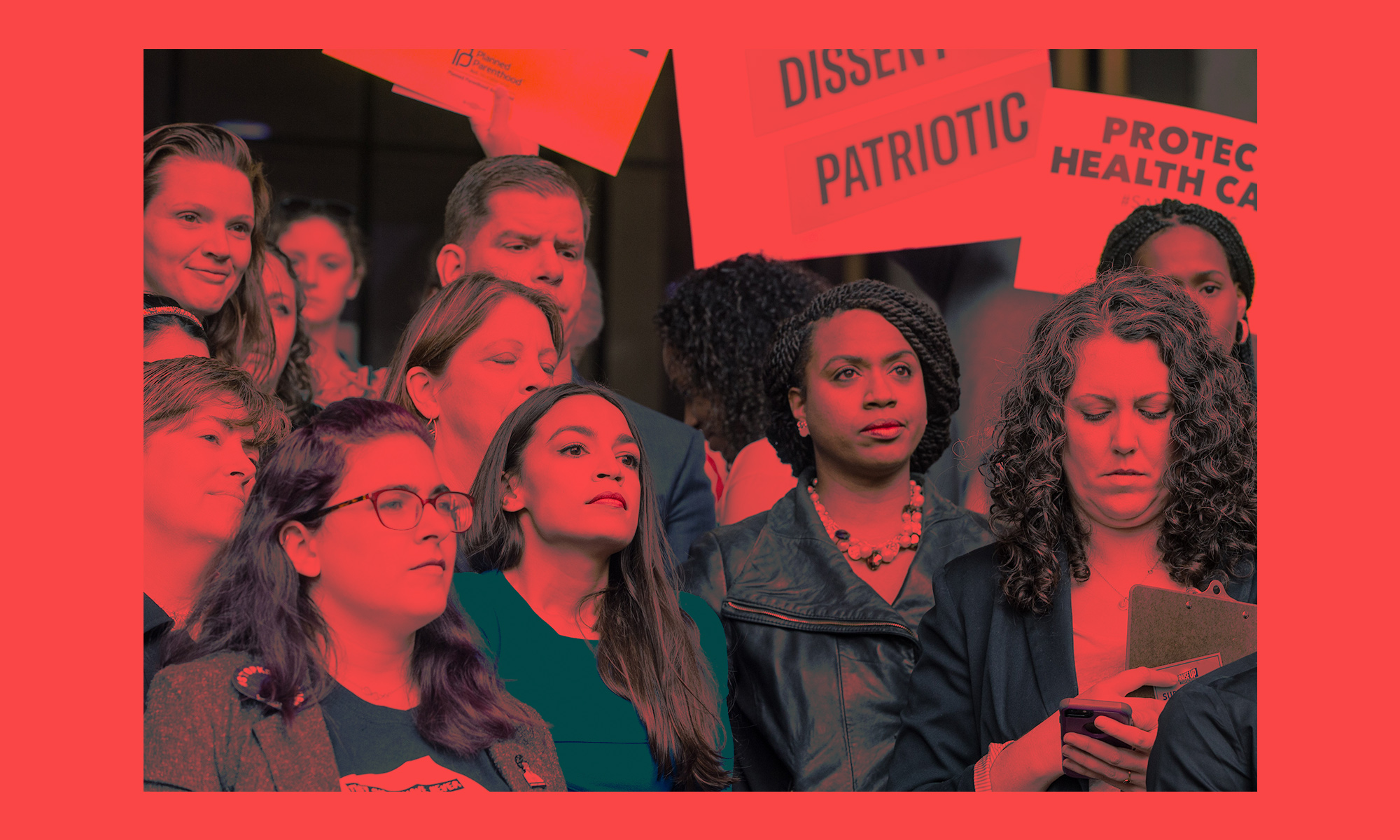 BOSTON, MA - OCTOBER 01: New York Democratic congressional candidate Alexandria Ocasio-Cortez (in blue) stands with Boston City Councilor and Democratic congressional candidate Ayanna Pressley (R) at a rally calling on Sen. Jeff Flake (R-AZ) to reject Judge Brett Kavanaugh's nomination to the Supreme Court on October 1, 2018 in Boston, Massachusetts. (Photo by Scott Eisen/Getty Images; edit by: Diana Ofosu/ThinkProgress)