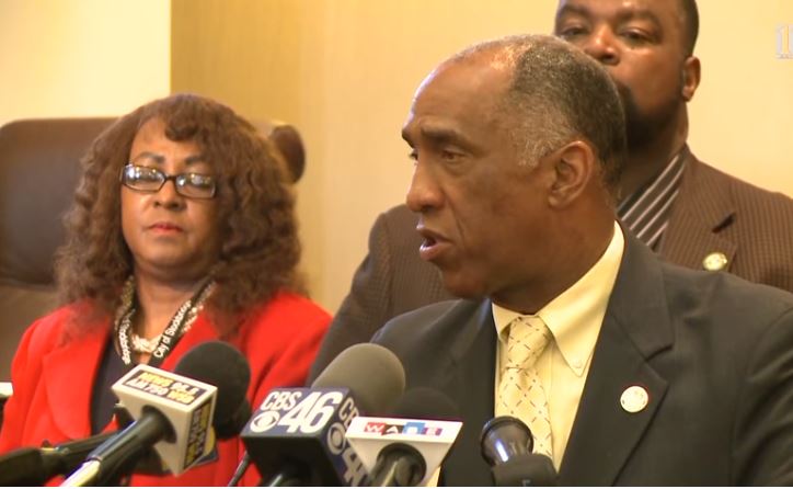 Stockbridge Mayor Anthony Ford reacts to the decision to allow portions of Stockbridge to be allowed to remove themselves to create the city of Eagle's Landing at a May 2018 press conference. (YouTube/Channel 11 News)